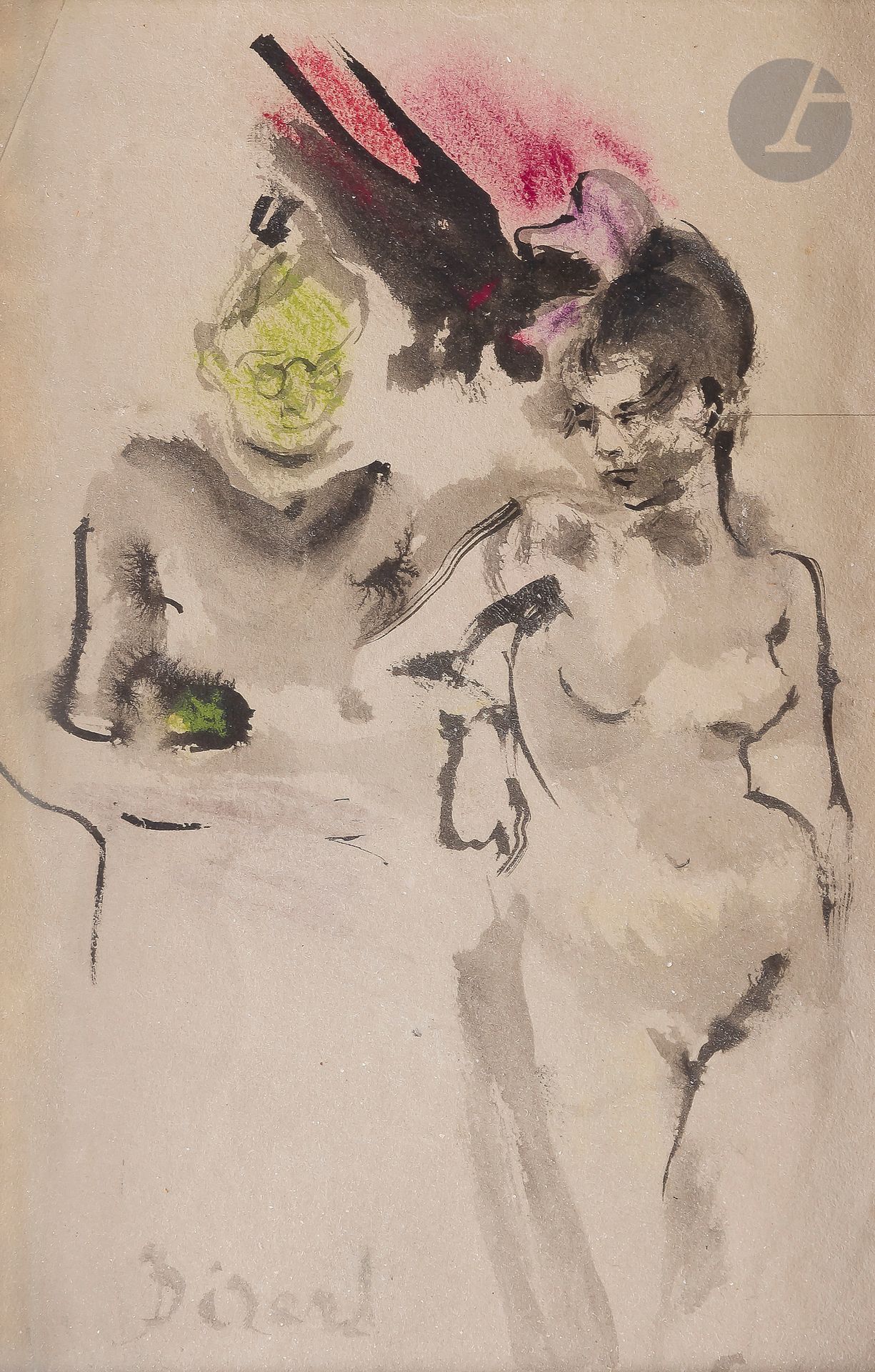 Christian BÉRARD (1902-1949)
Girl of joy and madam
Ink, ink wash and gouache highlights.
Signed lower left.
19 x 12 cm

Bibliography : 
Jean Galtier-Boissière, Christian Bérard, La Bonne Vie, Éditions de La Bonne Compagnie, 1944, reproduced p. 88.