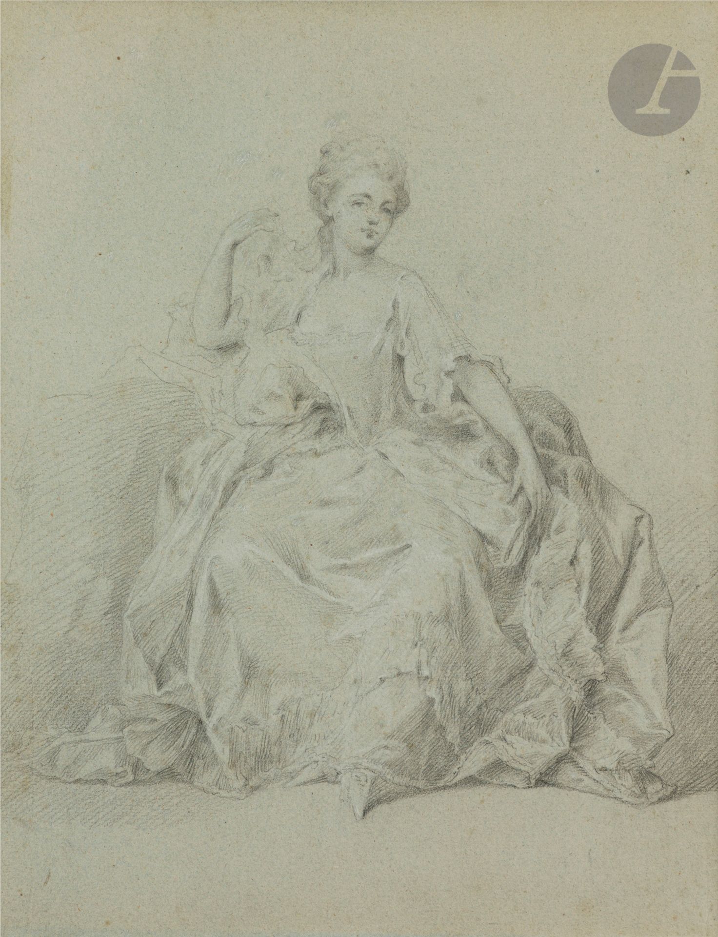 ÉCOLE FRANCAISE du XVIIIe siècle
Portrait de femme assise
Crayon noir sur papier bleu et traces de craie blanche.
39,5 x 30,5 cm