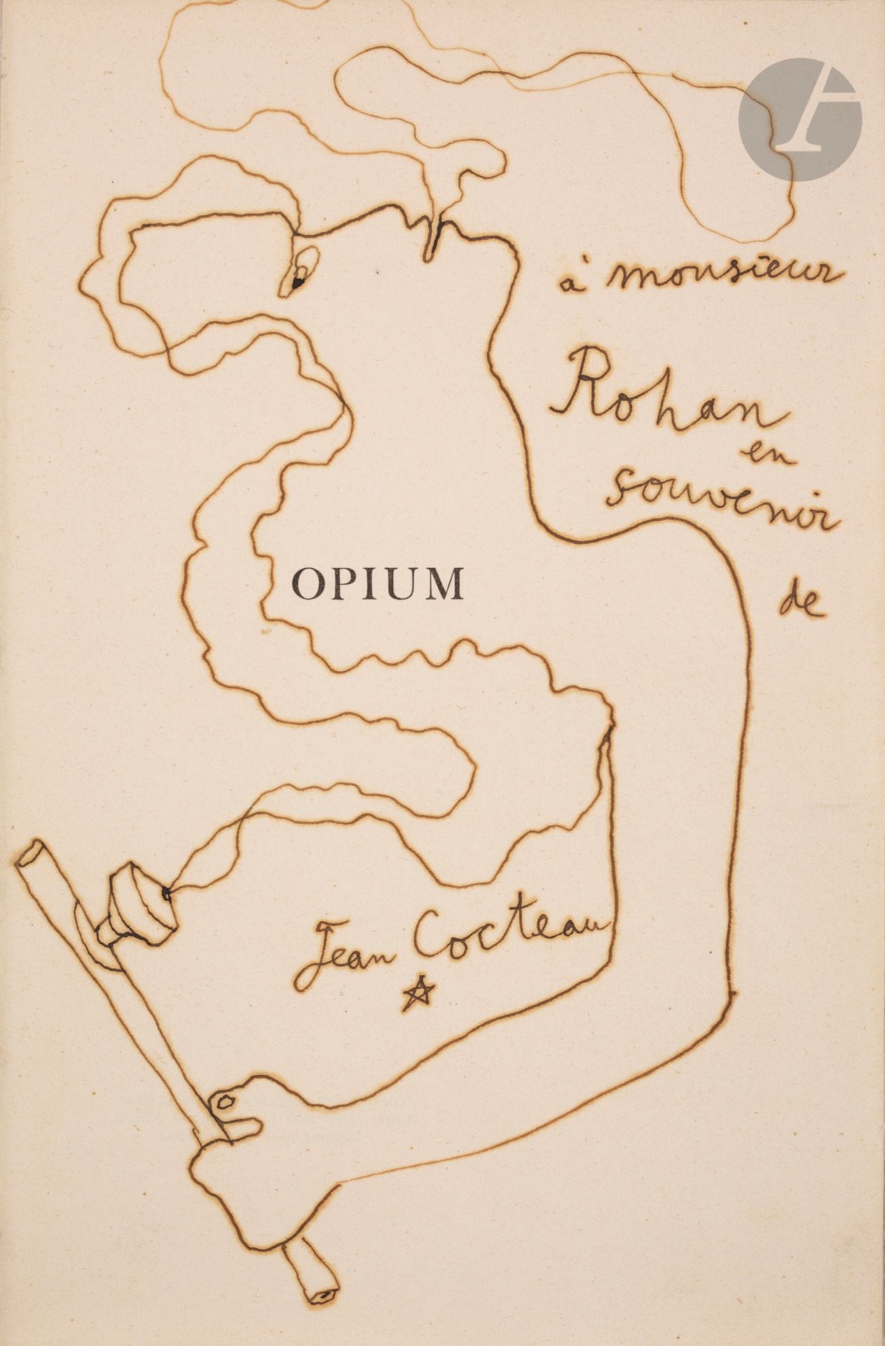 Jean COCTEAU (1889-1963)
Opium Smoker
Ink on the false title page of "Opium".
Signed, dated and dedicated to Mr Rohan in the composition.
Attached Jean Cocteau, Opium, Journal d'une désintoxication, Paris, Librairie Stock, 1930.
20 x 13 cm

A certificate from Mrs Annie Guedras, dated September 28, 1996, will be given to the buyer.