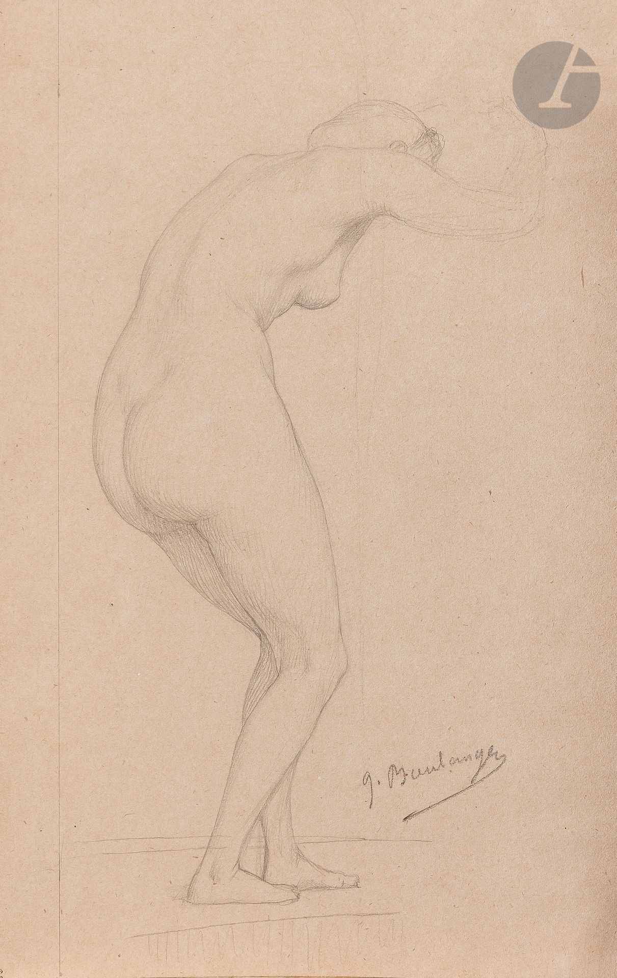 Gustave BOULANGER (Paris 1824-1888)
Femme nue, vers 1870
Crayon noir.
Signé en bas à droite.
25,7 x 16,5 cm 

Provenance : 
Philippe de Chennevières, son cachet en bas à gauche (L.2073).