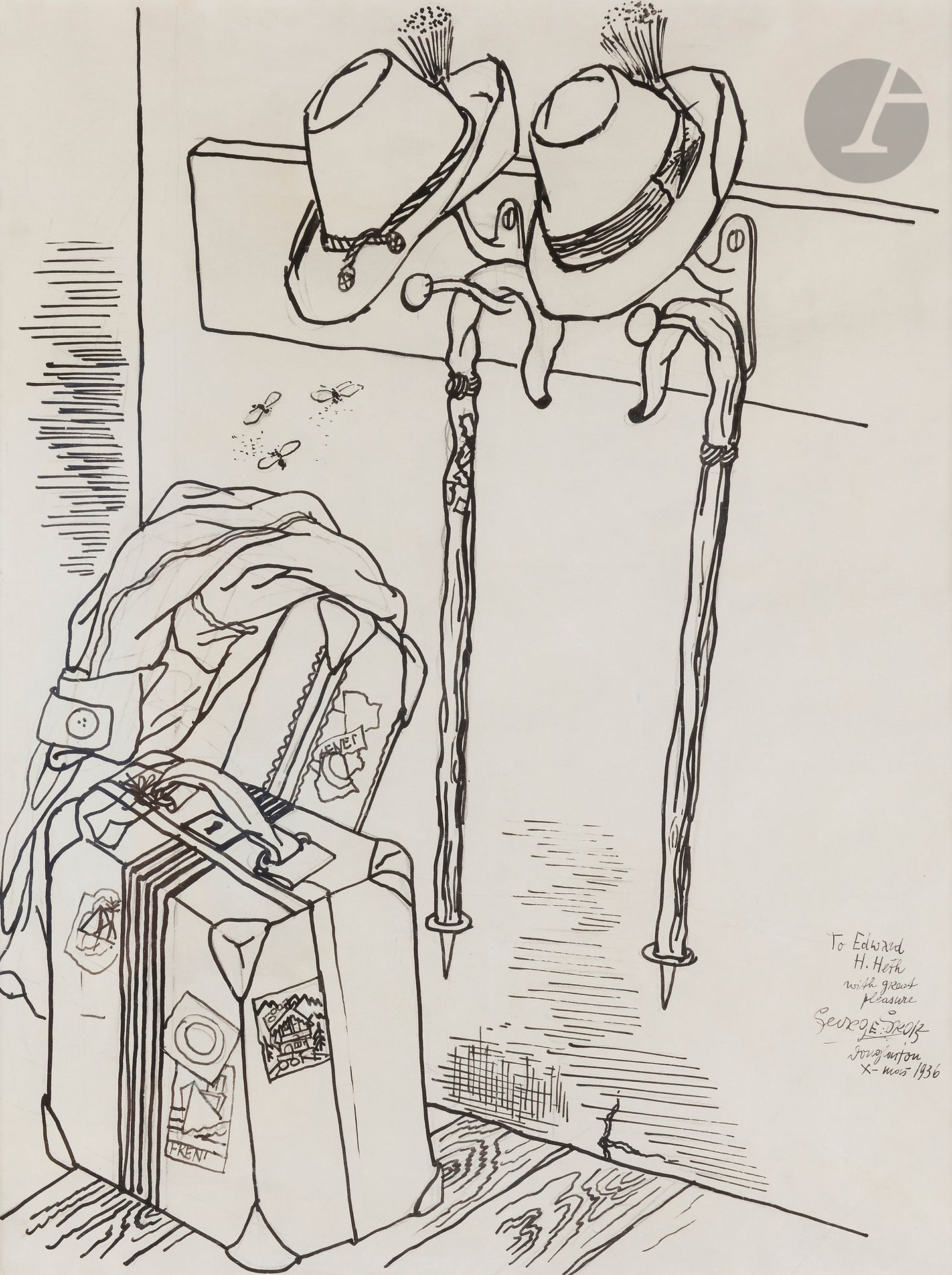 George GROSZ (1893-1959)
Suitcases, canes & hats, 1936
Encre sur traits de crayon.
Signée, datée et dédicacée " to Edward H. Heth with great pleasure " en bas à droite.
57 x 43 cm

Provenance : 
- Edward H. Heath, New York.
- Galerie Thessa Herold, Paris.

Exposition : 
Des Dadas lus dans l'œil de l'un d'eux - Hans Richter, Galerie Thessa Herold, Paris, 2016 n° 65, reproduit au catalogue p. 121.