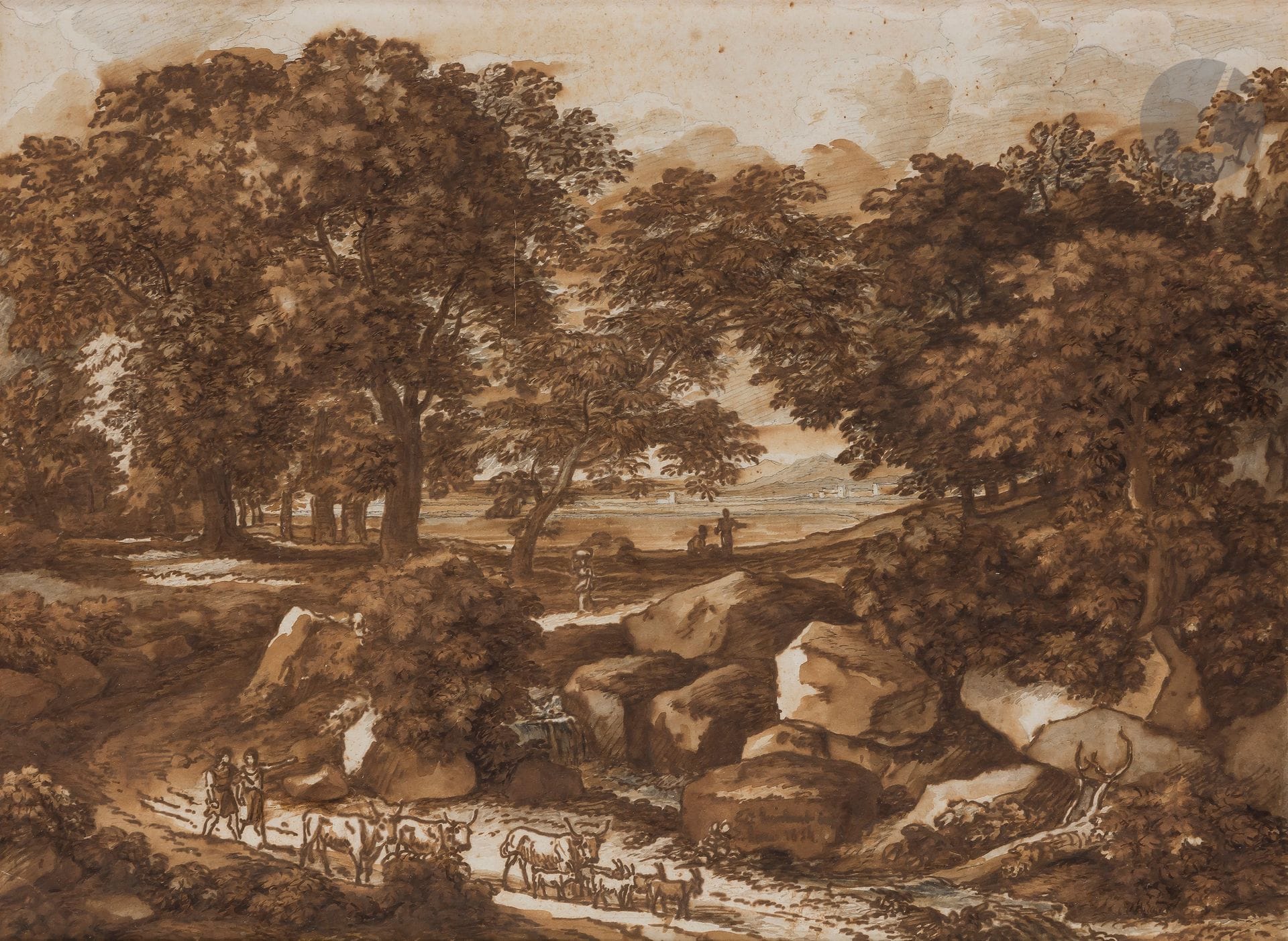 Johann Christian REINHART (Hof 1761 - Rome 1847)
Vue de la campagne romaine
Plume et encre brune, lavis brun sur traits de crayon noir.
Signée, datée et située en bas au centre " Roma 1838 ".
(Piqûres).
28 x 38 cm