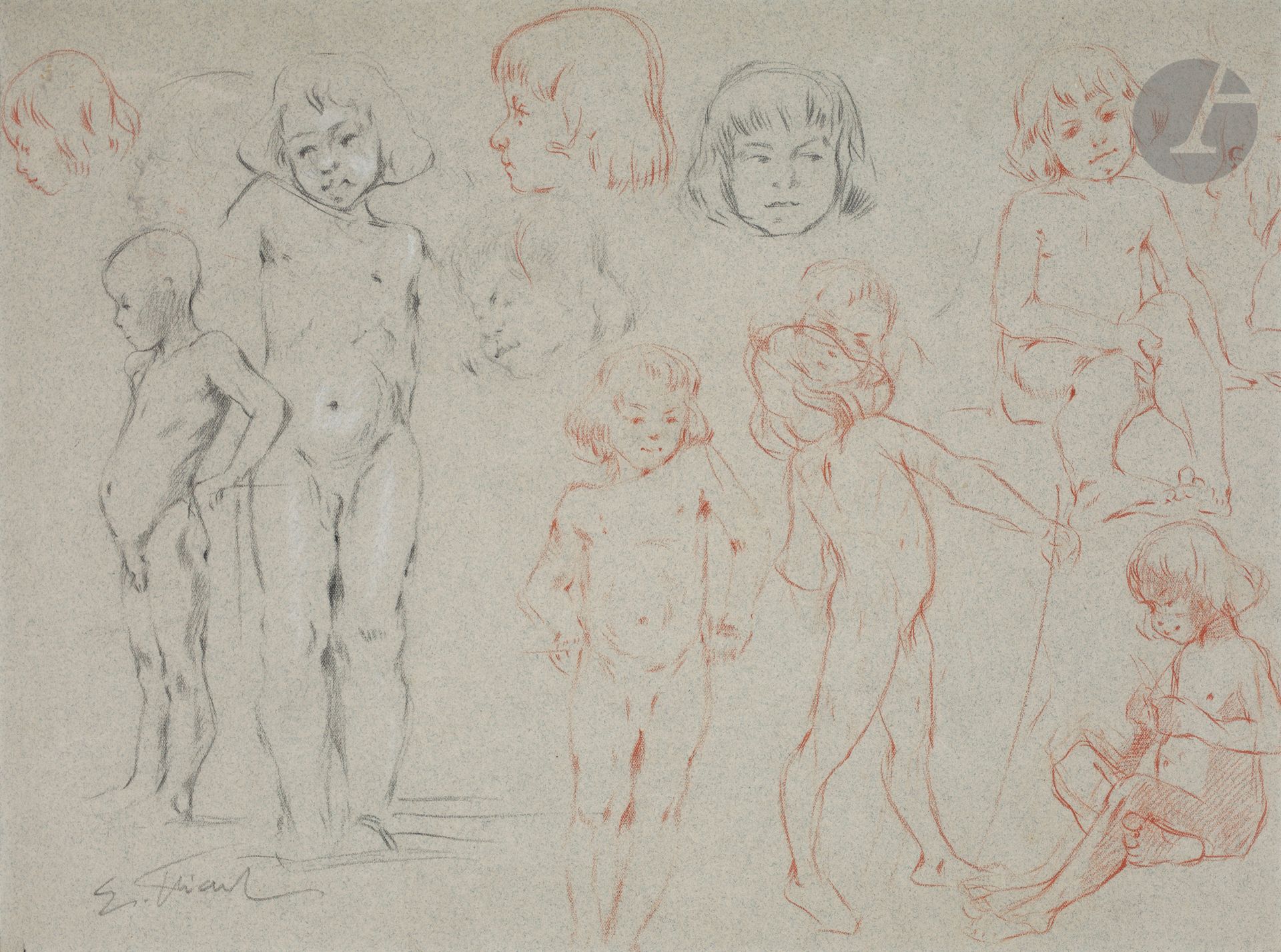 Émile FRIANT (1863-1932)
Études d'enfants
Sanguine et crayon noir sur papier bleu.
Signée en bas à gauche.
31,5 x 42 cm