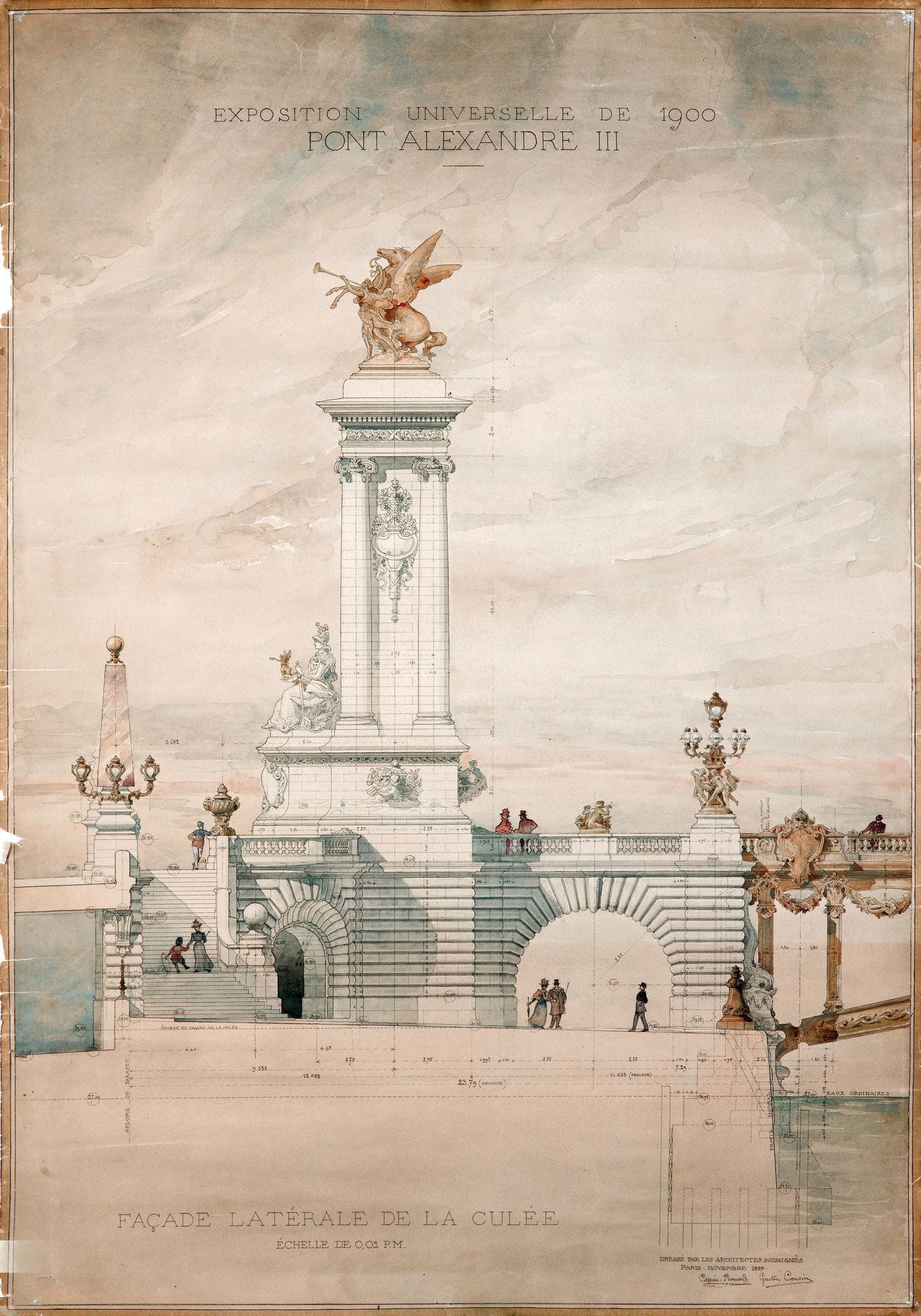 Joseph CASSIEN-BERNARD (1848-1926) & Gaston COUSIN (1859-1901)
Le Pont Alexandre III, projet pour l'Exposition Universelle de 1900
Plume, encre noire et aquarelle.
Signée en bas à droite et datée de novembre 1897.
(Insolé, déchirures et petits manques sur les bords).
95,5 x 65 cm

Le pont Alexandre III est construit en l'honneur de l'alliance conclut entre la France et l'Empire Russe en 1892, et qui sera ratifiée par le tsar Alexandre III en 1893.
Joseph Cassien-Bernard et Gaston Cousin sont les architectes du Pont Alexandre III.