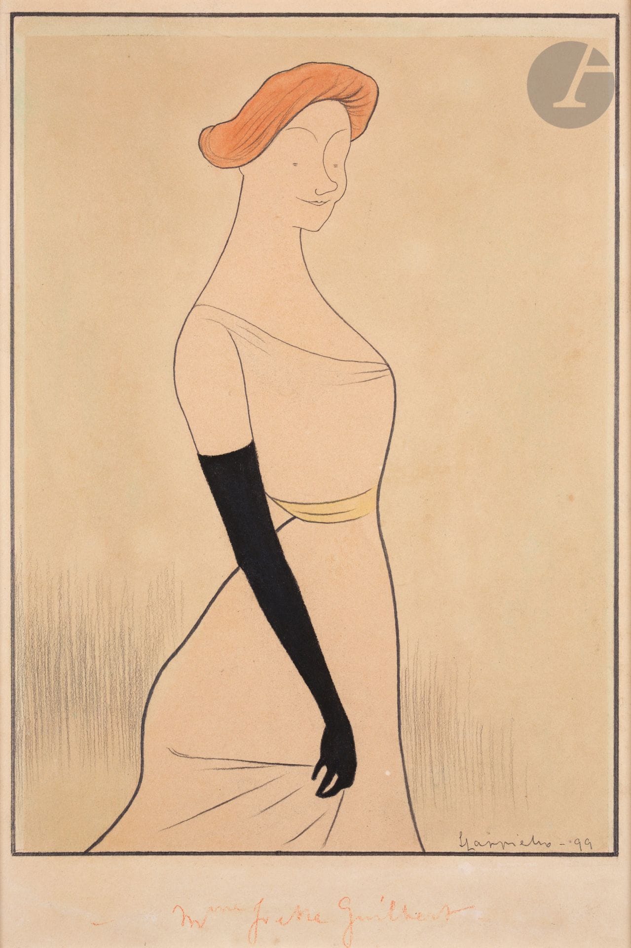 Leonetto CAPPIELLO (1875-1942)
Yvette Guilbert, 1899
Encre de Chine, aquarelle et crayons de couleur.
Signée et datée en bas à droite.
29,5 x 20 cm (feuille)
25,5 x 18,5 cm (sujet)

Provenance : 
Collection Bela Heim (1883-1931).