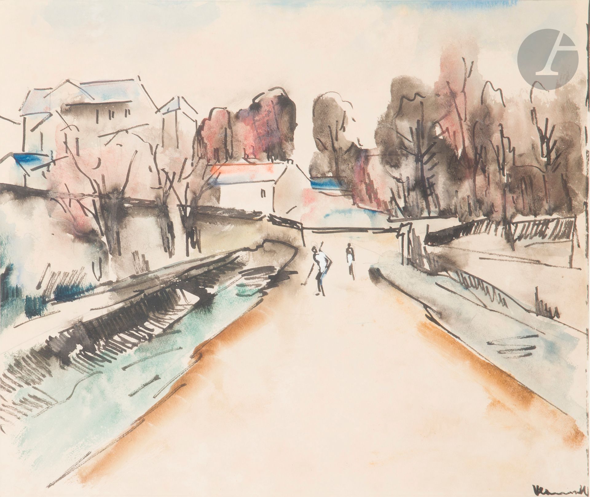 Maurice de VLAMINCK (1876-1958)
Scène de rue
Gouache, aquarelle et encre sur papier.
Signée en bas à droite.
35,5 x 44,5 cm

Un certificat du Wildenstein Institute, en date du 4 juin 2007, sera remis à l'acquéreur.