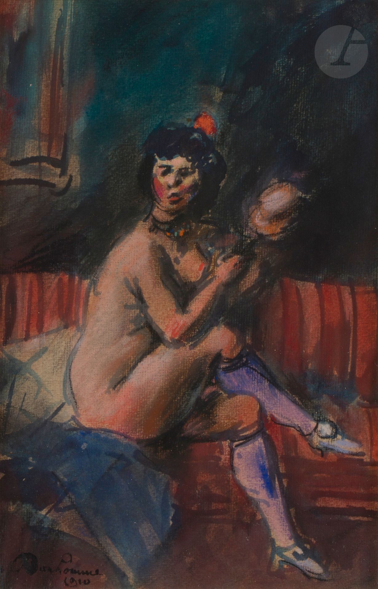 Léon BONHOMME (1870-1924)
Femme assise, 1910
Gouache, encre et pastel.
Signée et datée en bas à gauche.
27 x 18 cm