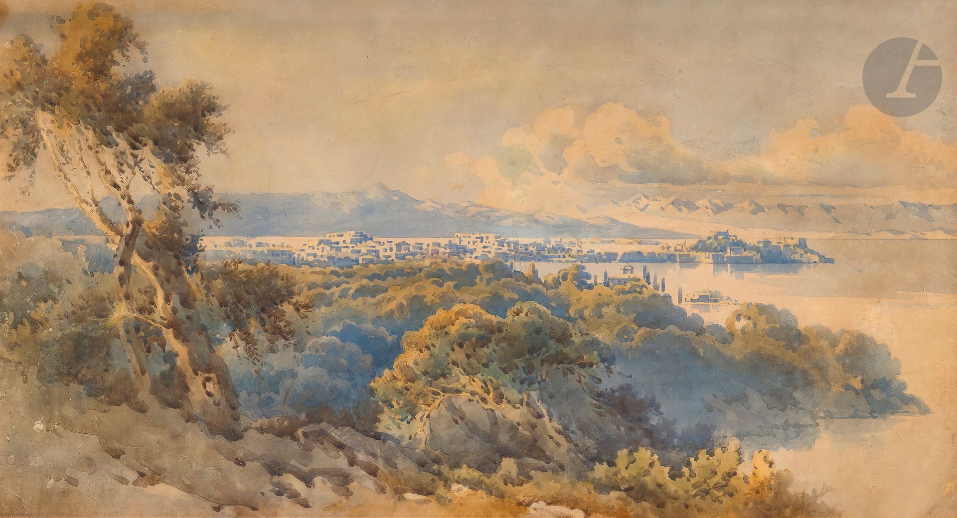 Angelos GIALLINA (Corfou 1857-1939)
Paysages italiens, 2 vues présumées de Stresa
Trois aquarelles.
Signées en bas à gauche.
24 x 48 cm