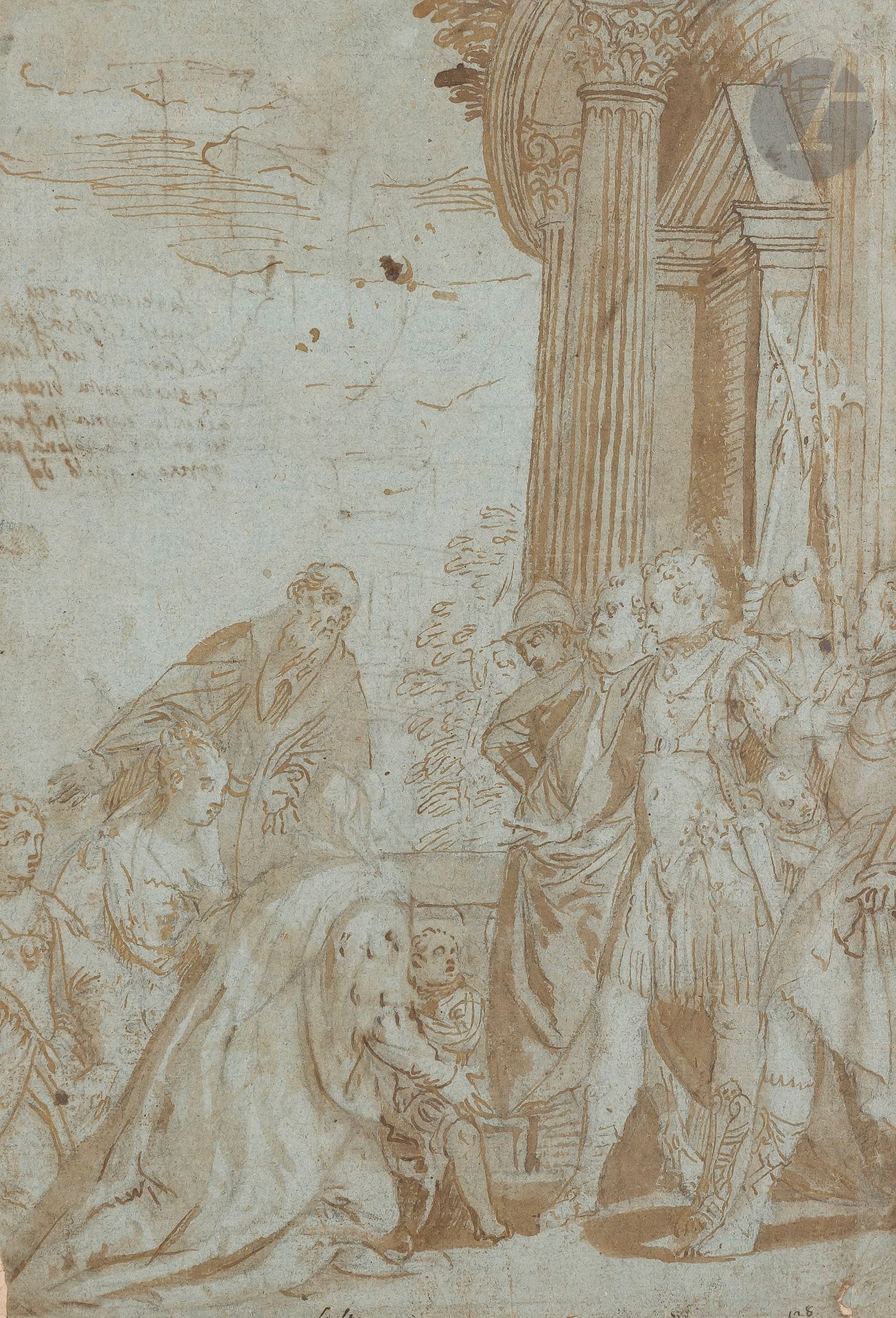 Carlo CALIARI (Venise 1570-1596)
La famille de Darius aux pieds d'Alexandre, d'après Véronèse
Plume, encre brune, lavis brun sur papier bleu.
Annotée dans le bas : " Carlito " et " n° 128 " en bas à droite.
20 x 20 cm