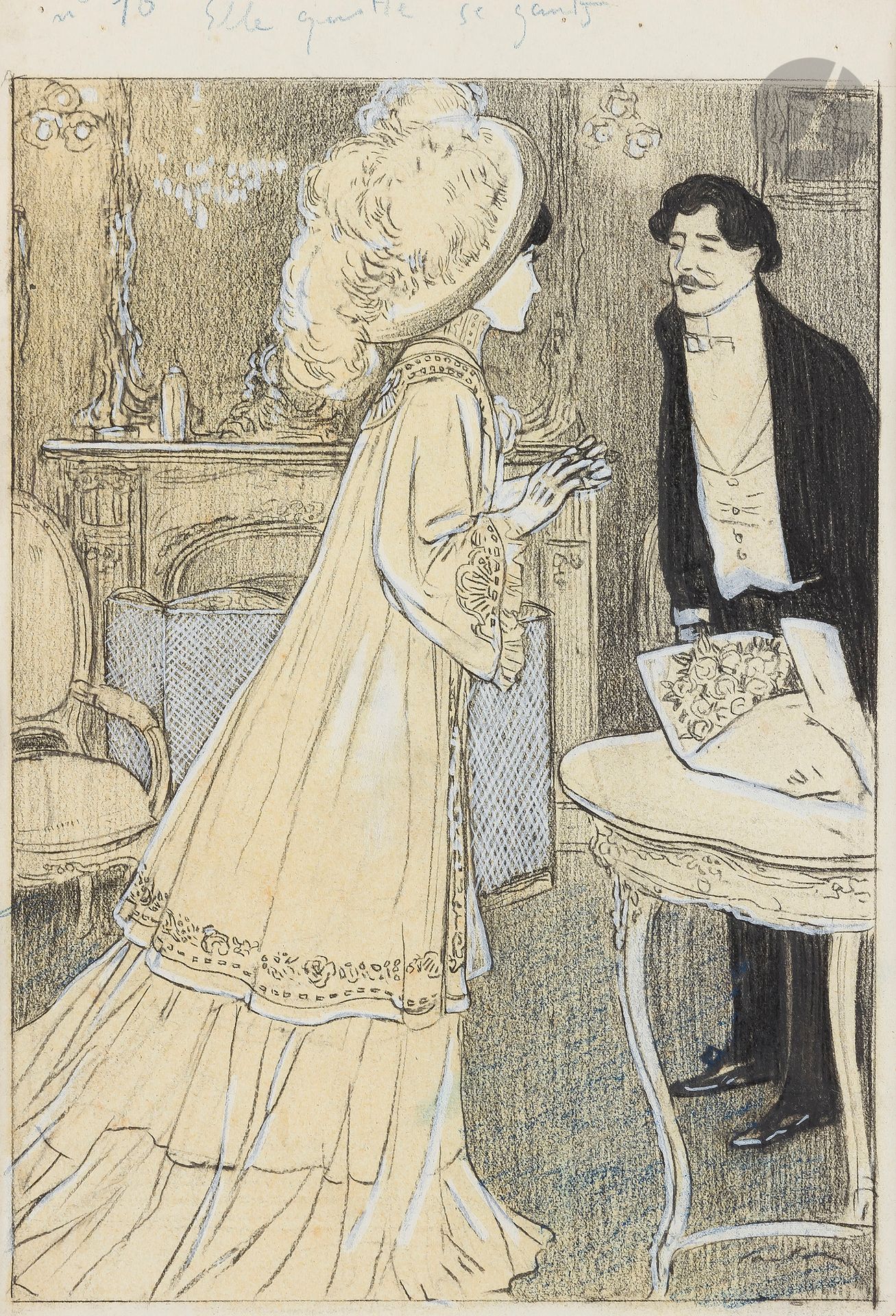 Joan CARDONA LLADOS (1877-1958)
Elle quitte ses gants
Fusain et crayon bleu.
Signé en bas à droite.
28,5 x 20 cm

Il s'agit d'une illustration réalisée pour le roman de Victorien du Saussay, Ceinture dorée, Librairie des publications modernes, 1907.