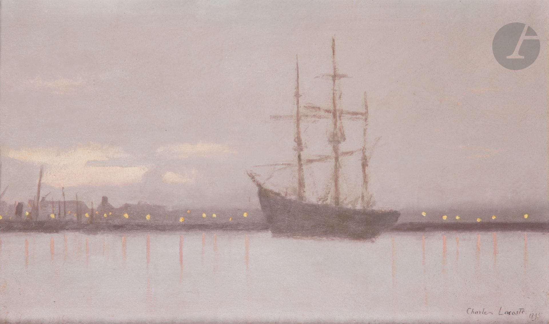 Charles LACOSTE (1870-1959)
Bordeaux, sailing boat and lights on the city, 1895
Oil on cardboard.
Signed and dated lower right.
Signed lower left.
21 x 35 cm