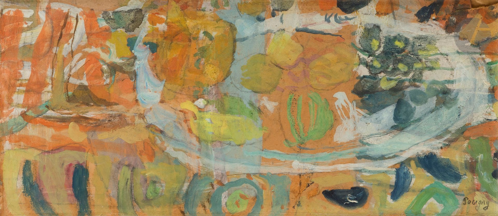 Jean Puni dit POUGNY (1892-1956)
Nature morte au guéridon
Huile sur carton.
Signée en bas à droite.
Signée au dos.
13 x 30 cm

Provenance : 
Galerie Claude Bernard, Paris, n° 6656 (étiquette au dos).