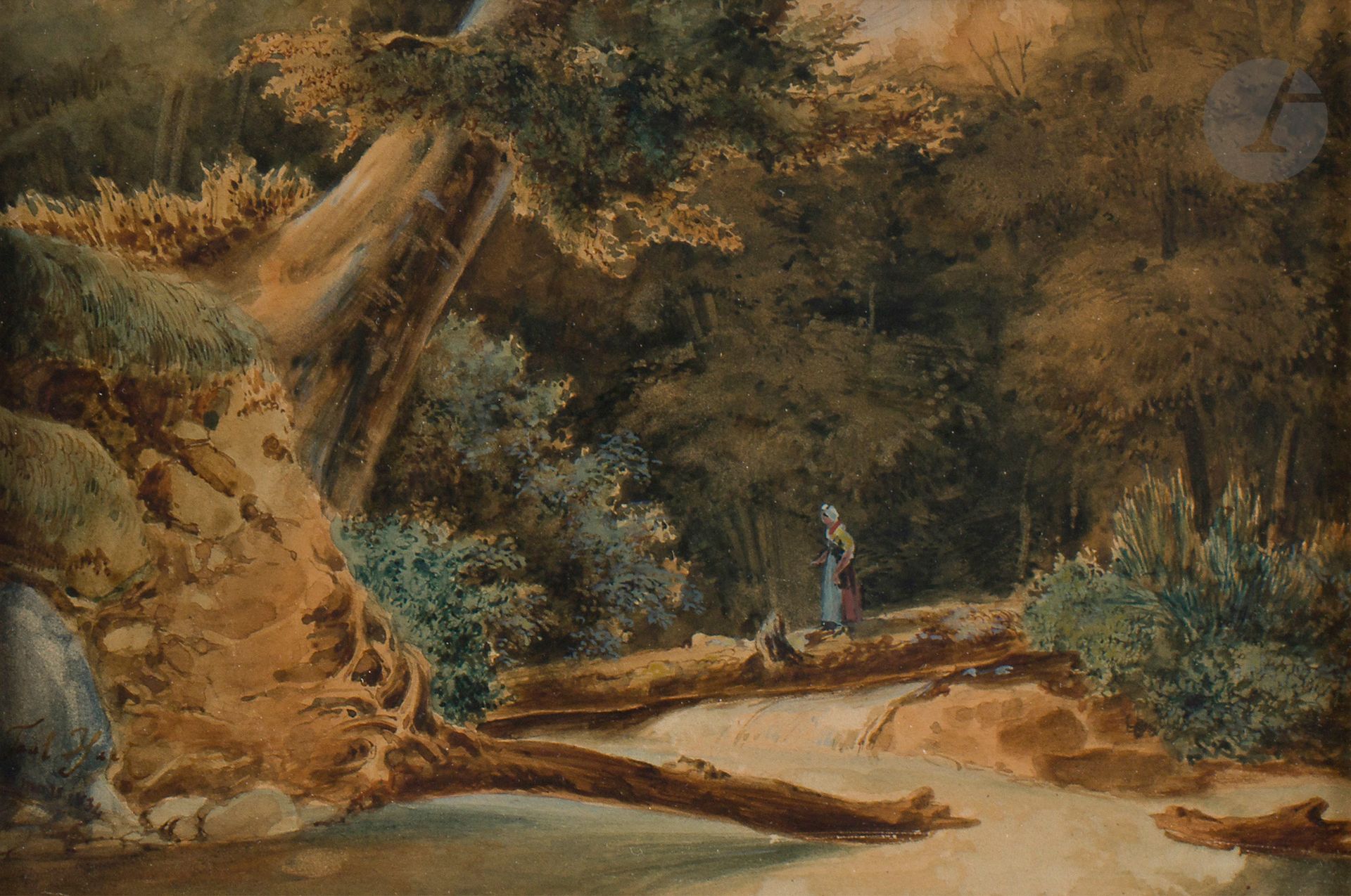 Paul HUET (Paris 1803-1869)
Young woman crossing a stream in a wooded landscape, 1834
Watercolor.
Signed and dated lower left.
13 x 20 cm

This work will be included in the catalog raisonné being prepared by Madame Elisabeth Maréchaux Laurentin, under the n° 9371.