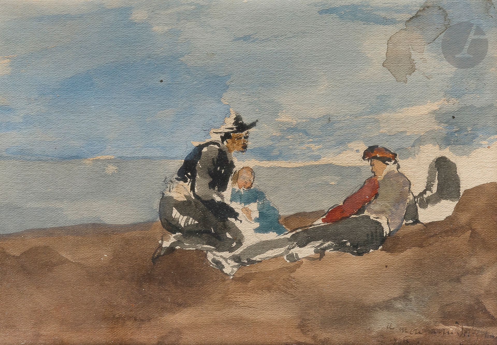 Jean-Baptiste CARPEAUX 
(Valenciennes 1827 - Courbevoie 1875)
Pêcheurs sur la côte à Nice, 1875
Aquarelle.
Signée, datée et située en bas à droite.
11 x 16 cm

Provenance : 
Collection André Dunoyer de Segonzac.