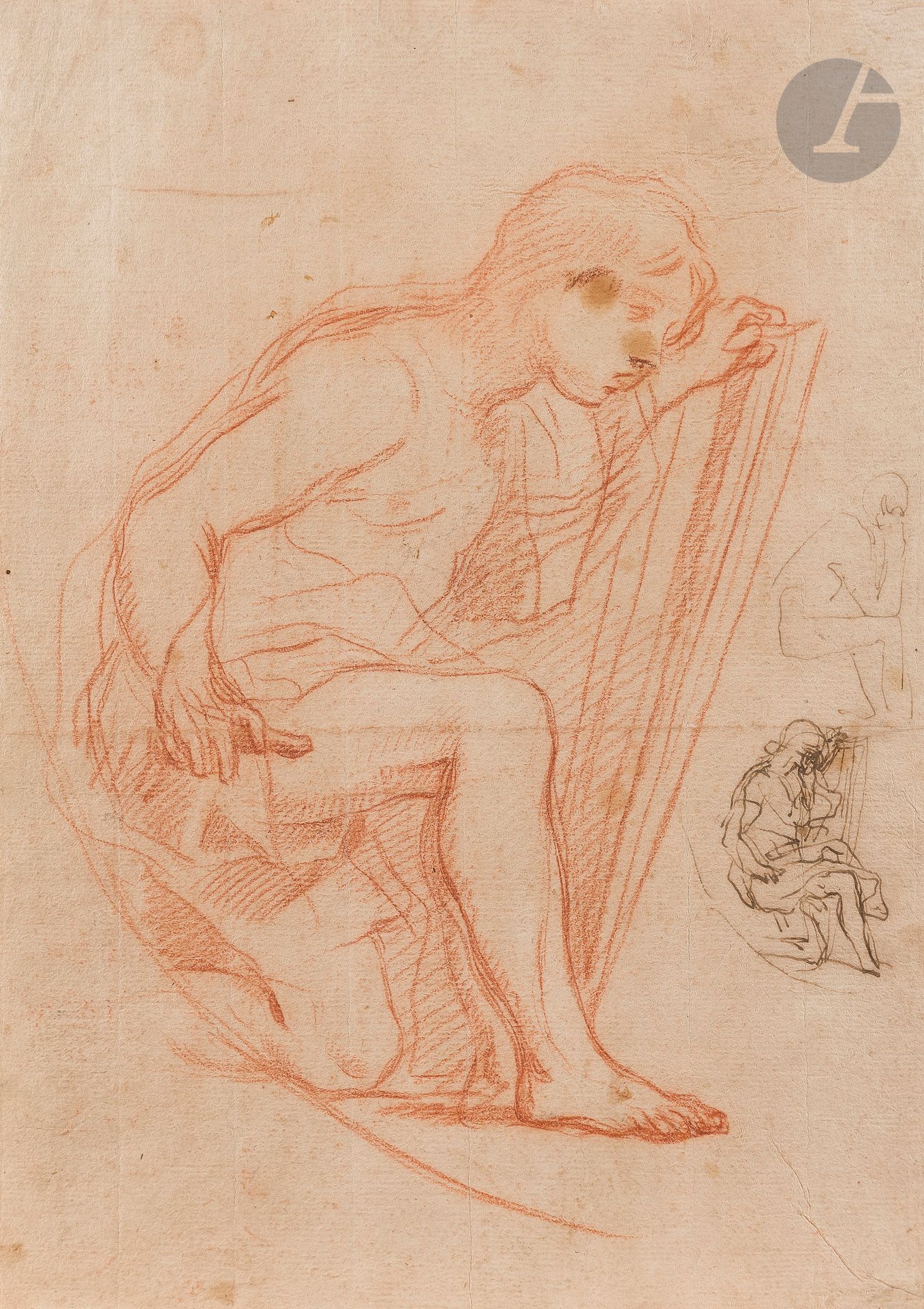 ÉCOLE ROMAINE du XVIIe siècle
Jeune homme agenouillé et reprise
Sanguine, plume et encre brune.
Au verso académie d'homme.
(Tache sur le visage, pliure horizontale au centre).
36,7 x 25,7 cm

Provenance :
Vente collection " Graf R. de V. " (Comte Rey de Villette (1870- ?), architecte, Boulogne-sur-Seine), chez Hollstein et Puppel, Berlin, 4-6 mai 1931, n° 1294, cachet de sa collection (L.2200a).