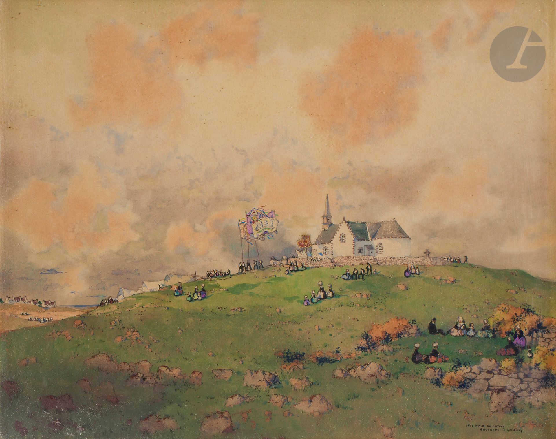 Ernest Pierre GUÉRIN (1887-1952)
Feast at N.D de Lotivy, Brittany
Ink and watercolor.
Signed and titled lower right.
(Paper slightly yellowed).
25,5 x 33,5 cm