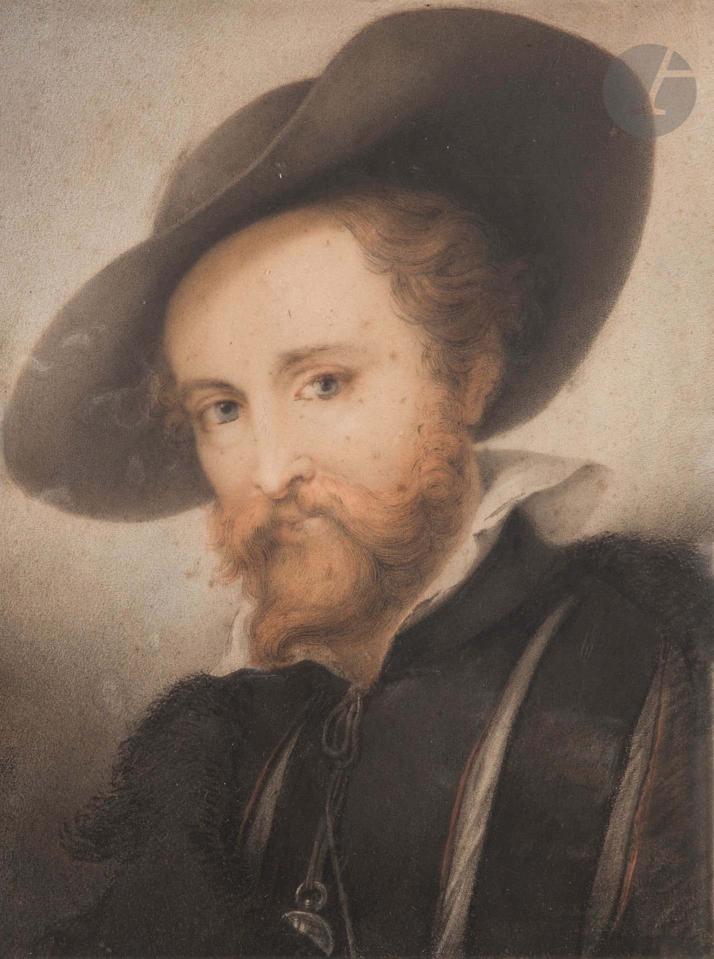 Innocent Louis GOUBAUD 
(Rome 1780 - Bruxelles 1847)
Portraits de Rubens et sa femme
Crayon noir, sanguine, estompe et crayon bleu sur papier tendu sur carton.
Signés en bas à gauche.
(Insolés).
43 x 32 cm chaque