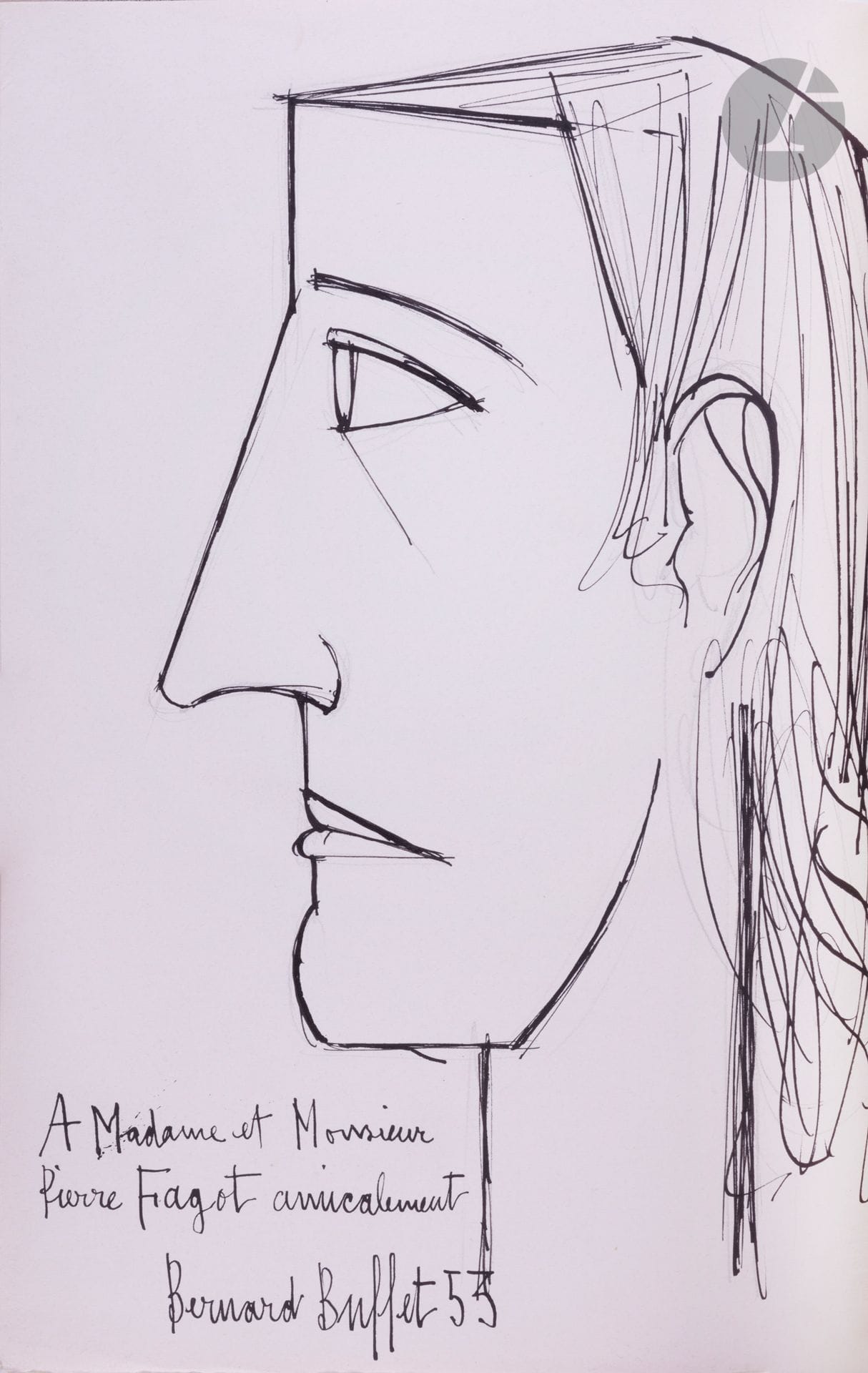 Bernard BUFFET (1928-1999)
Portrait de Pierre Fagot, 1953
Encre sur traits de crayon noir sur une page du livre Bernard Buffet - Jean Giono, Recherche de la pureté, Paris, Henri Creuzevault, 1953.
Signée, datée et dédicacée en bas à gauche.
38 x 25 cm