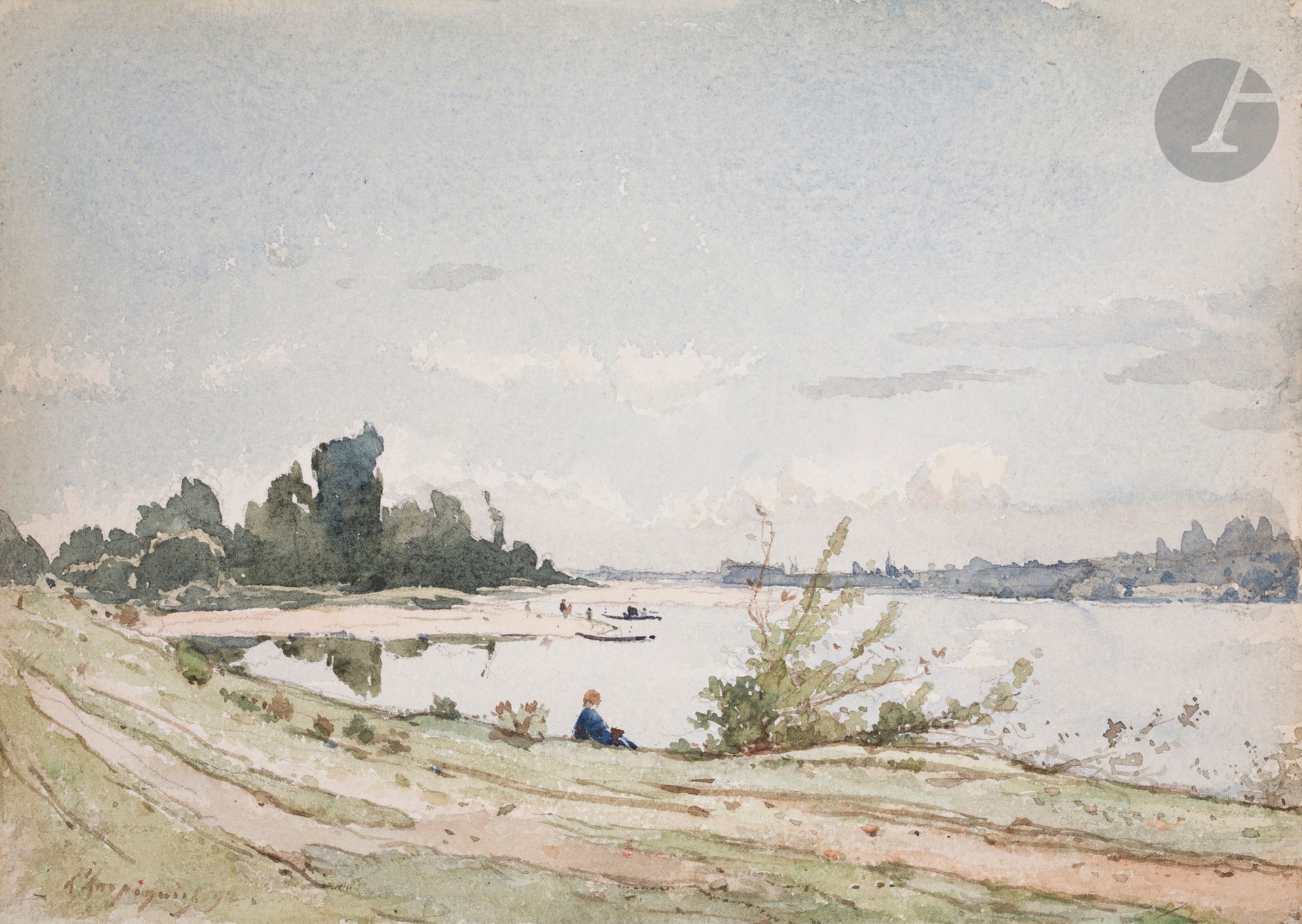 Henri Joseph HARPIGNIES  
(Valenciennes 1819 - Saint-Privé 1916)
Edge of the Loire - The Wolves, near Bonny-sur-Loire, 1892
Watercolor.
Signed and dated lower left.
17 x 25 cm

We thank Mr. Jean-Pierre Cappoen for the information he gave us.