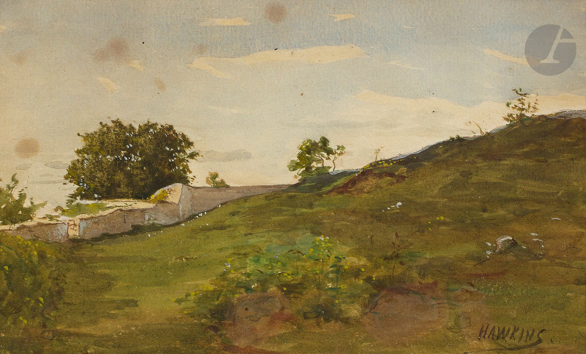 Louis-Welden HAWKINS 
(1849-1910)
Paysage des landes
Aquarelle et rehauts de gouache.
Signée en bas à droite.
(Rousseurs).
13,5 x 22 cm