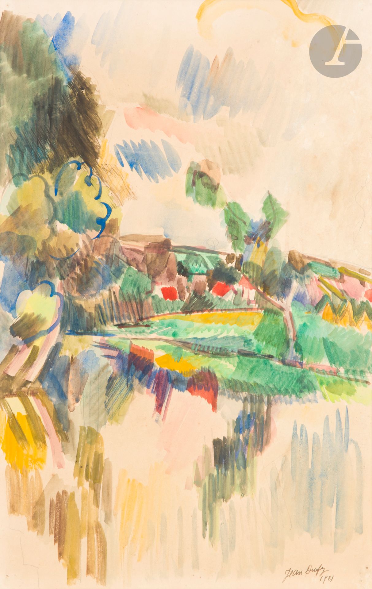 Jean DUFY (1888-1964)
Paysage aux toits rouges
Aquarelle.
Signée et datée en bas à droite.
50 x 32,5 cm

Un certificat de Monsieur Jacques Bailly, en date du 13 juin 2007, sera remis à l'acquéreur.