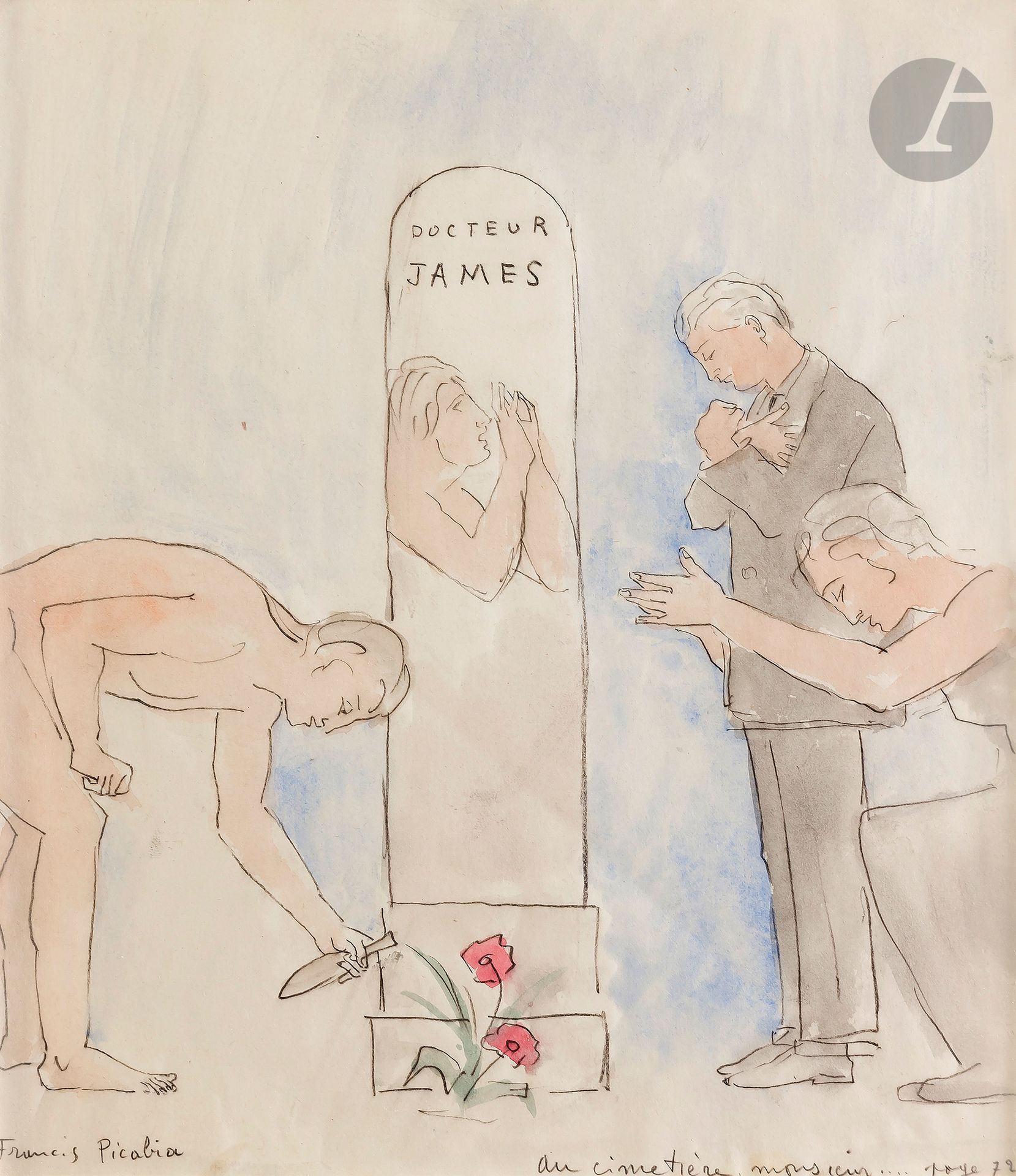 Francis PICABIA (1879-1953)
Au cimetière, monsieur..., 1931
Aquarelle et crayon noir.
Signée en bas à gauche et légendée en bas à droite.
27,4 x 21,9 cm
Bibliographie : 
Dessin non retenu pour illustrer Le peseur d'Ames d'André Maurois, Paris, Éditions Antoine Roche, 1931.

Un certificat d'inclusion au catalogue raisonné en préparation du Comité Picabia, en date du 30 octobre 2019, sera remis à l'acquéreur.