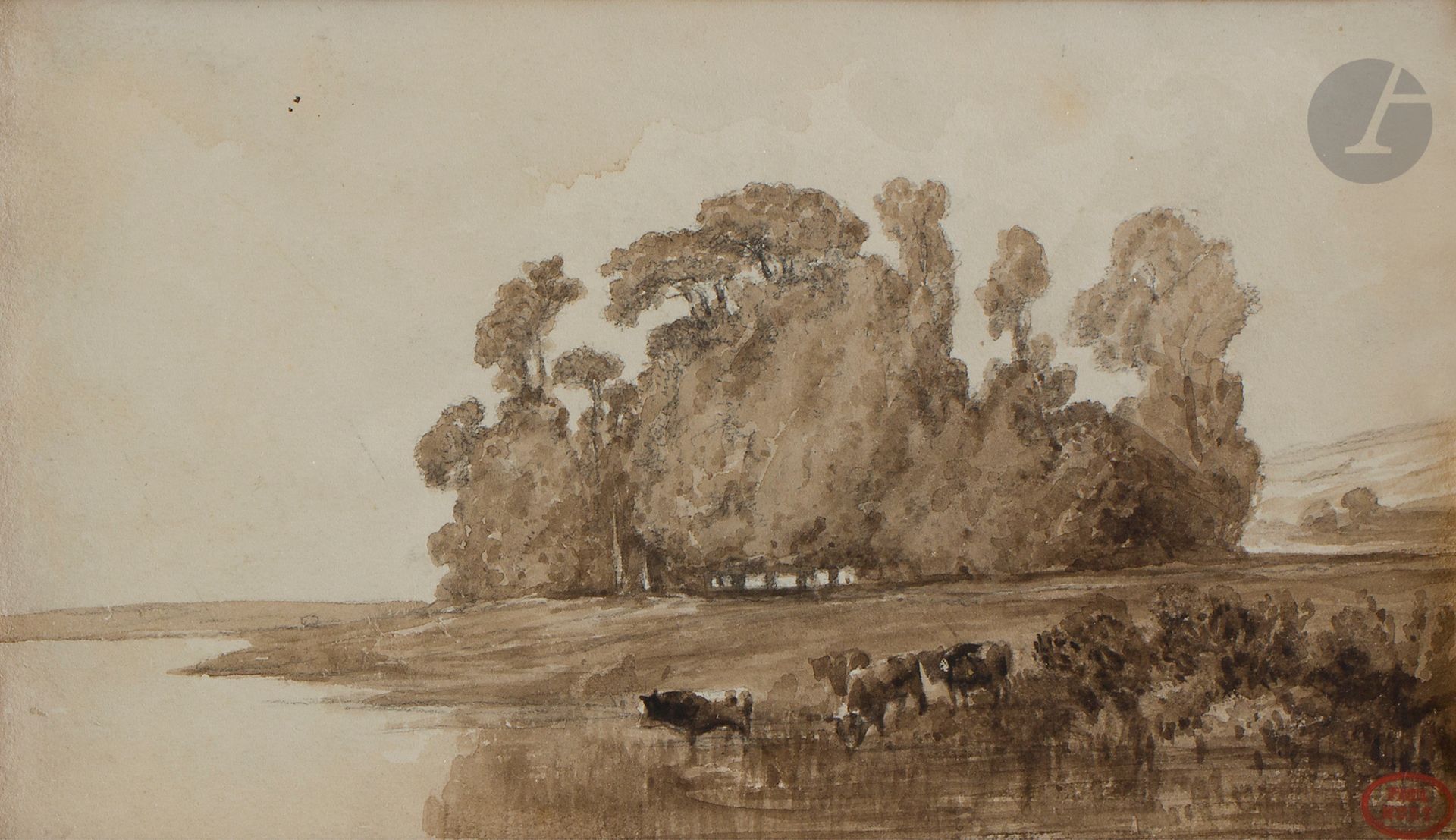Paul HUET (Paris 1803-1869)
Herd of cattle drinking
Brown ink wash.
Stamp of the workshop sale in the lower right corner.
11,5 x 21 cm

Provenance: 
Mes Libert et Castor sale, Hôtel Drouot, Paris, April 2, 1993, no. 28.

This work will be included in the catalog raisonné being prepared by Madame Elisabeth Maréchaux Laurentin, under n° 9373.