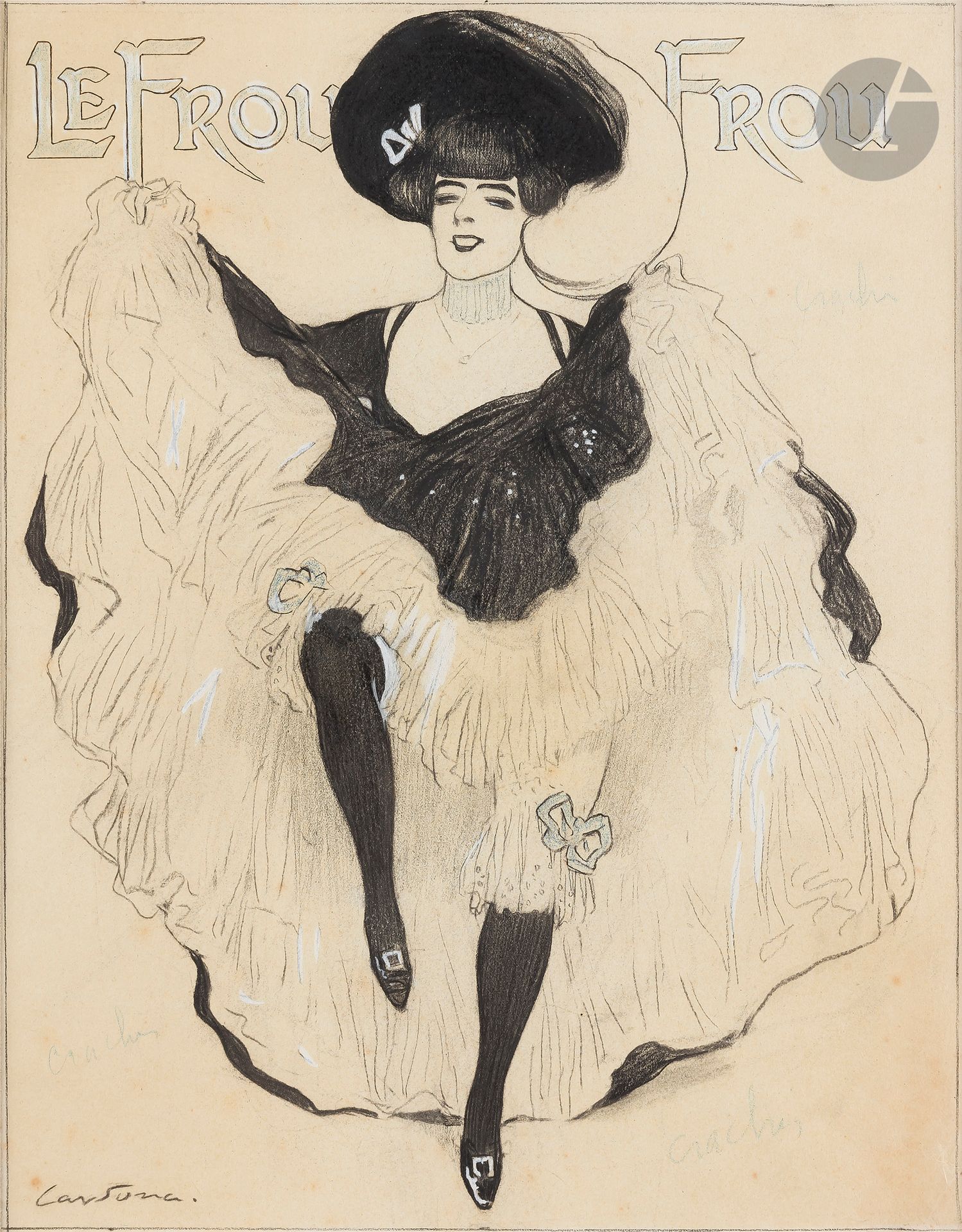 Joan CARDONA LLADOS 
(1877-1958)
The Frou-Frou
Ink, black pencil, blue pencil and gouache highlights. 
Signed lower left.
Titled Le Frou-Frou at the head.
(Small freckles).
37 x 29 cm

This is an illustration made for the novel by Victorien du Saussay, Ceinture dorée, Librairie des publications modernes, 1907.