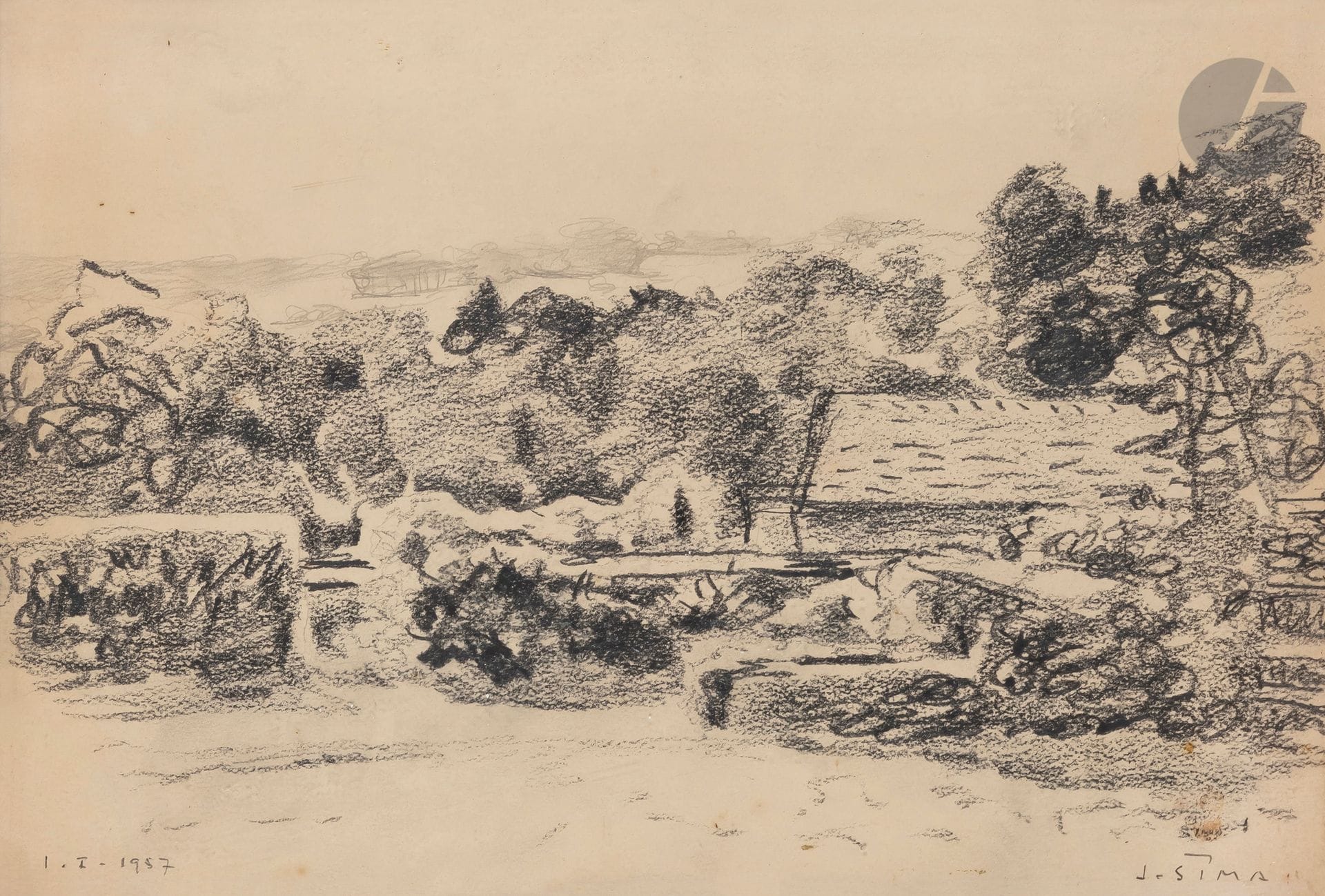 Josef SIMA (1891-1971)
Corps de ferme, 1957
Fusain et crayon noir.
Signé en bas à droite.
Daté en bas à gauche.
26 x 38 cm
