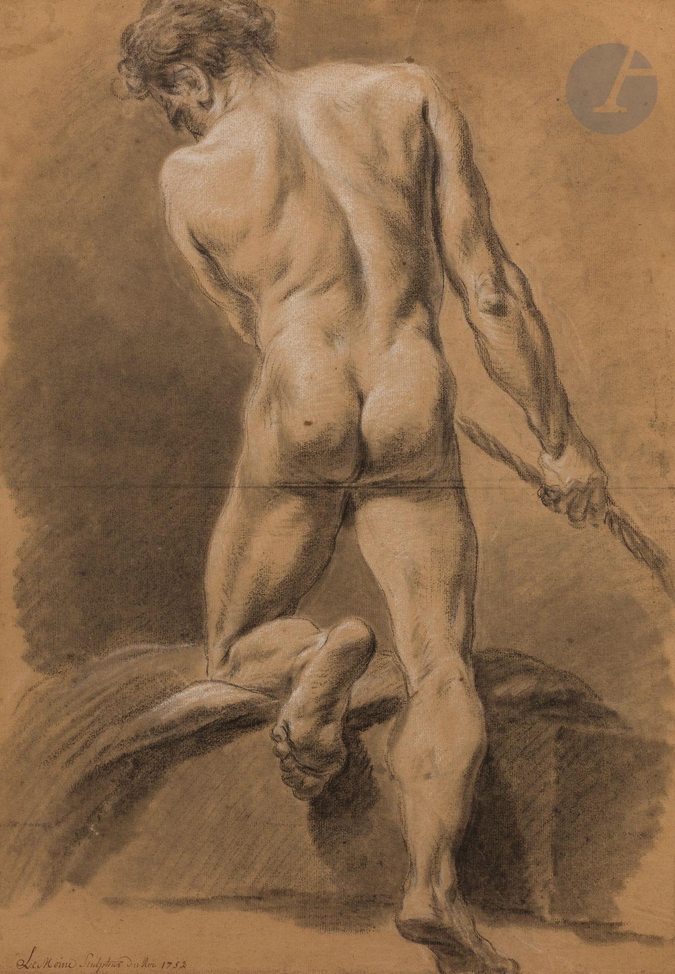 Jean-Baptiste LEMOYNE (Paris 1704-1778)
Academy of a man pulling a rope from behind, 1752
Black pencil, blur and white chalk highlights.
Signed and dated lower left.
(Glued on its old mounting).
58 x 44 cm

 Born in Paris in 1704, Jean-Baptiste II Lemoyne came from an important dynasty of sculptors, with his father Jean Louis Lemoyne and his uncle Jean Baptiste I Lemoyne. He trained at the Royal Academy where his master was Robert Le Lorrain, and won the first prize of Rome for sculpture in 1725. However, he renounced to leave for the Eternal City in order to work alongside his father. In 1731, he received his first important royal commission, for a monumental equestrian statue of Louis XV, which was to be placed in the center of the royal square in Bordeaux. From the 1750s on, Lemoyne refocused on sculpted portraits of the great men of his time. Unfortunately, Lemoyne's large bronze sculptures were melted down during the Revolution to make cannons. They are often known only through engravings or reductions.