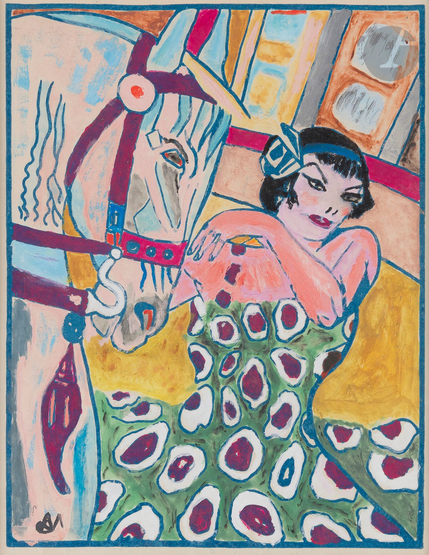 Alexis MERODACK-JEANEAU (1873-1919)
L'Écuyère verte, vers 1913
Gouache.
Monogrammée en bas à gauche.
22,5 x 17,5 cm

Cette gouache est une étude pour L'Ecuyère verte de 1913, conservée au musée des Beaux-Arts d'Angers.