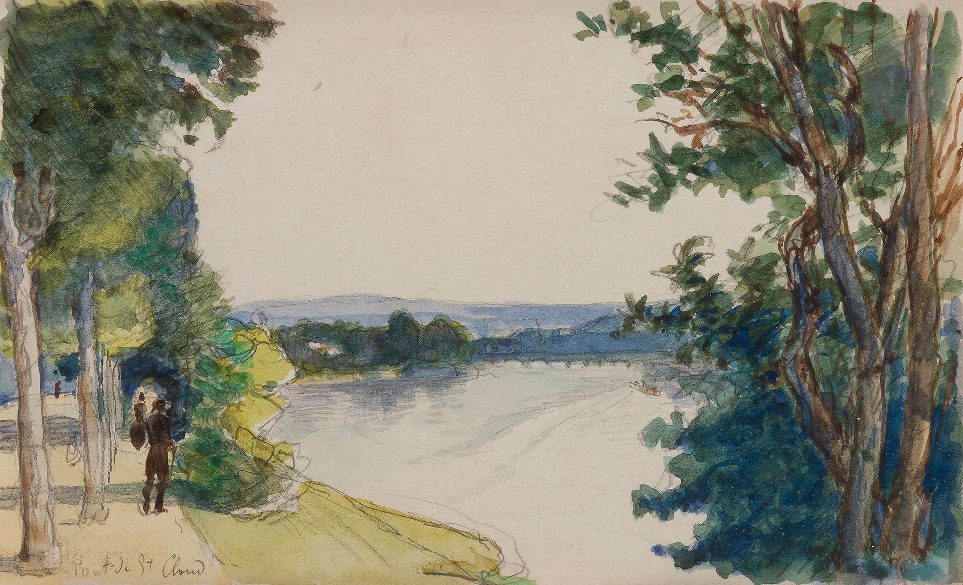 Félix BRAQUEMOND 
(Paris 1833- Sèvres 1914)
Bord de Seine animé, au loin le pont de Saint-Cloud
Aquarelle sur traits de crayon noir.
Située en bas à gauche au crayon noir.
Selon une indication au verso.
12 x 19,5 cm