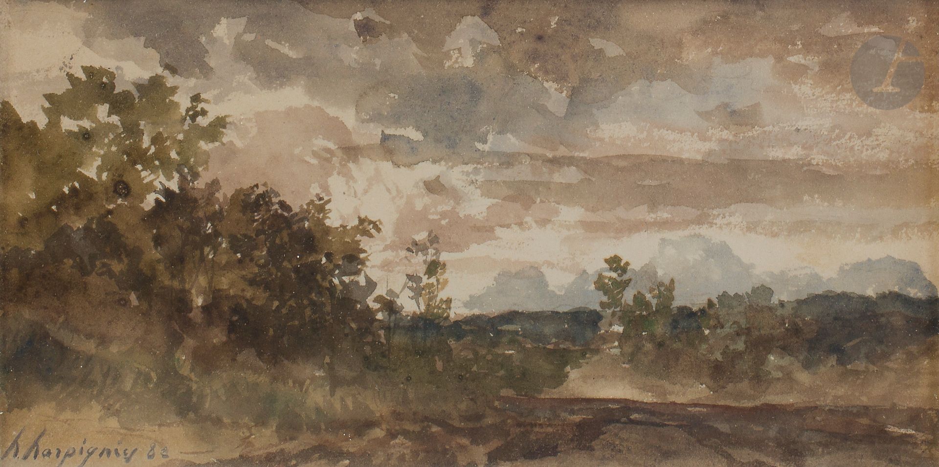 Henri Joseph HARPIGNIES (Valenciennes 1819 - Saint-Privé 1916)
Paysage, 1882
Aquarelle.
Signée et datée en bas à gauche.
14 x 28,5 cm

Nous remercions Monsieur Jean-Pierre Cappoen pour les informations qu'il nous a transmises.