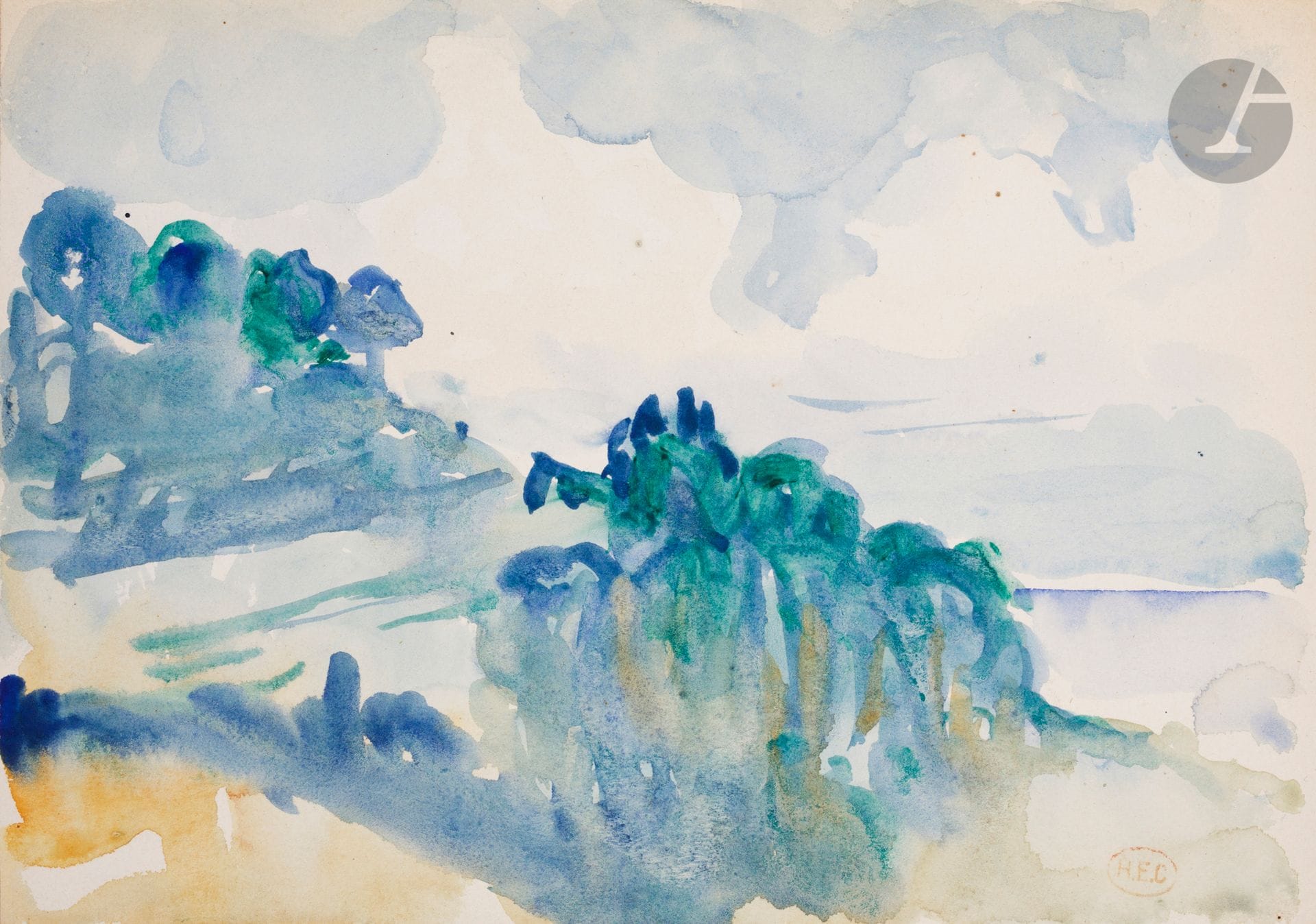 Henri Edmond CROSS (1856-1910)
Saint-Clair, Lavandou
Aquarelle.
Timbrée en bas à droite (Lugt 1305a).
Située au dos.
17 x 24,5 cm

Provenance : 
Vente Atelier Henri-Edmond Cross (1856-1910), Me Henri Baudoin, Hôtel Drouot, Paris, 28 octobre 1921.

Un avis d'inclusion au catalogue raisonné de Henri Edmond Cross en préparation par Monsieur Patrick Offenstadt sera remis à l'acquéreur.