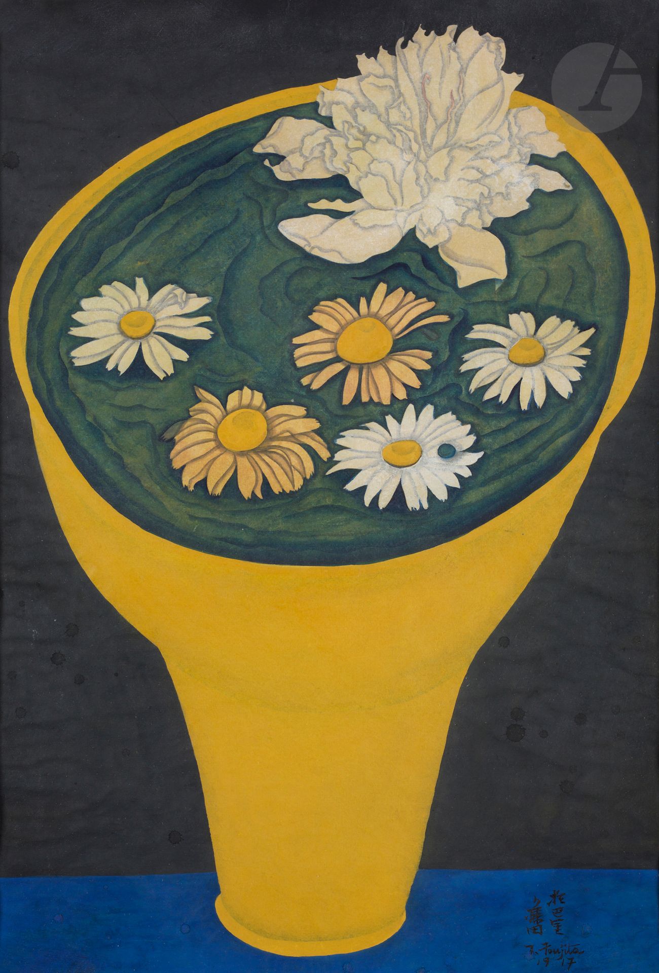 Léonard Tsuguharu FOUJITA (1886-1968)
Vase de fleurs, 1917
Aquarelle, encre et tempera.
Signée et datée en bas à droite.
Signée et située en japonais.
36 x 24,5 cm

Provenance : 
- Vente anonyme, Me Loudmer, Paris, 19 novembre 1989, n° 110, reproduit au catalogue.
- Vente Ader, Paris, 26 mars 2015, n° 230, reproduit au catalogue.

Bibliographie : 
Sylvie Buisson, Léonard-Tsuguharu Foujita. Volume 2, Courbevoie, ACR Éditions, 2001,  n° 17.96, reproduit p. 157.

 Foujita débarque à Paris en 1913 et rencontre très rapidement Picasso. C'est dans l'atelier de l'inventeur du cubisme qu'il découvre l'œuvre du Douanier Rousseau. Foujita est fasciné. L'influence du peintre naïf se ressent dans ses œuvres comme dans notre vase de fleurs, réalisé en 1917. Cette même année, la galerie Chéron, rue de la Boétie organise sa première exposition personnelle de 110 aquarelles, où notre œuvre aurait probablement figuré.