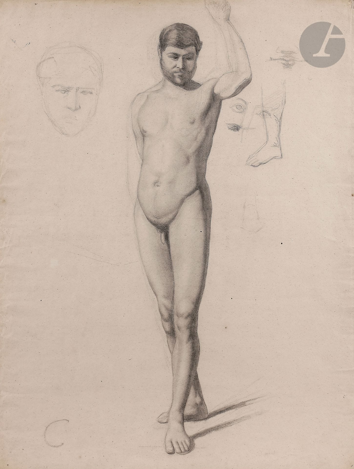 Paul CÉZANNE (Aix-en-Provence 1839-1906)
Académie d'homme avec reprise du visage et de la jambe
Crayon noir.
Monogrammé en bas à gauche.
61,5 x 47,5 cm

Notre dessin fait partie d'une série d'académie faite par Cézanne à l'école des Beaux-Arts d'Aix-en-Provence. On connait deux autres dessins de Cézanne, avec le même modèle et le même monogramme, au musée Granet d'Aix-en-Provence (voir : A. Chappuis, The drawings of Paul Cézanne / A catalogue raisonné, 1973, n° 76-77, reproduits).