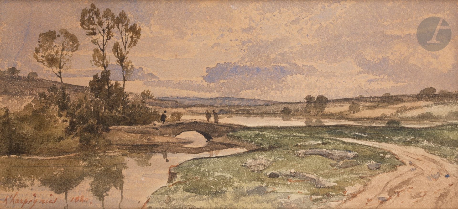 Henri Joseph HARPIGNIES (Valenciennes 1819 - Saint-Privé 1916)
Paysage au pont, 1880
Aquarelle.
Signée et datée en bas à gauche.
10 x 22 cm

Provenance : 
Vente anonyme, Me Étienne Ader, Hôtel Drouot, 1945.

Nous remercions Monsieur Jean-Pierre Cappoen pour les informations qu'il nous a transmises.