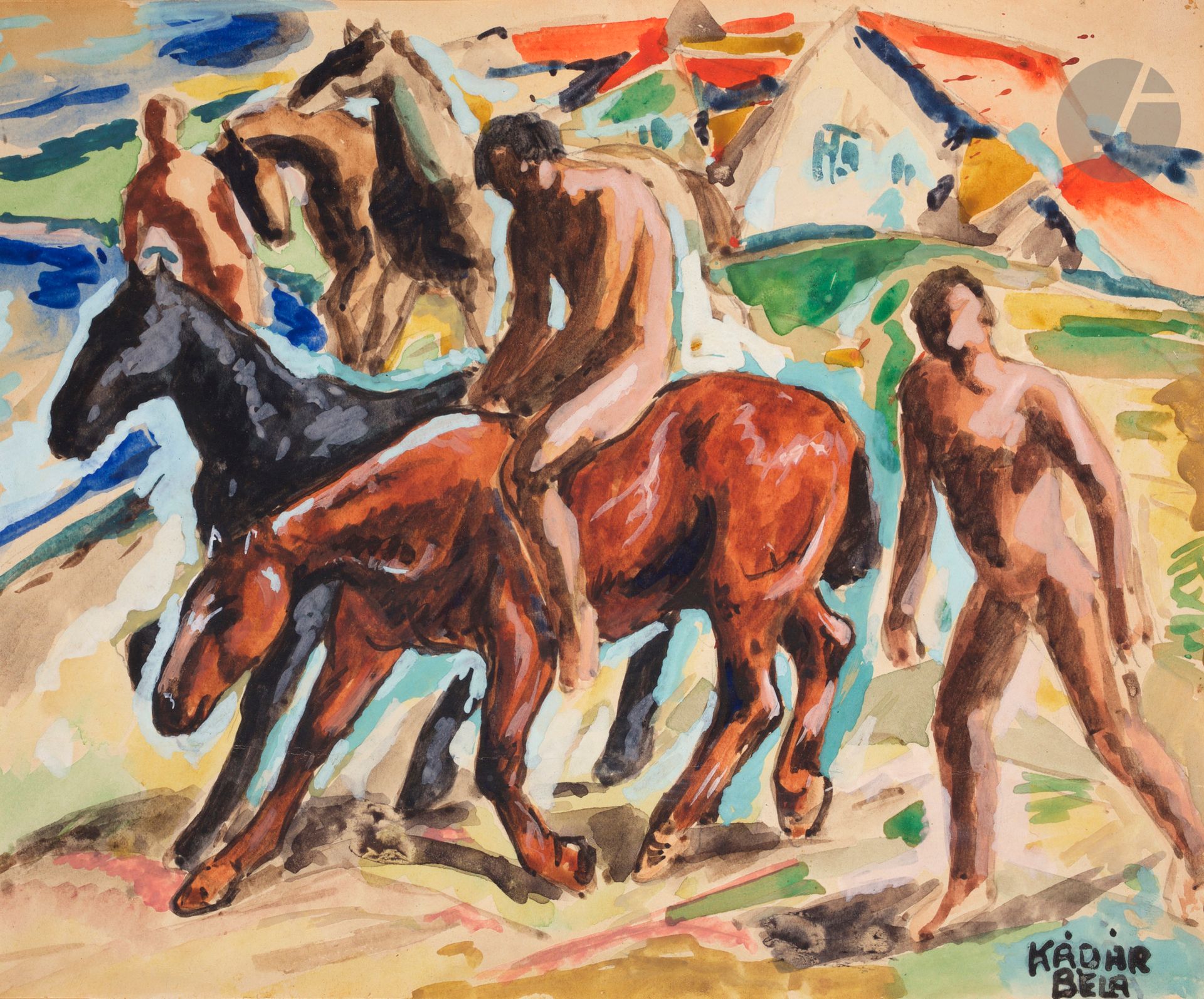 Bela KADAR (1877-1956)
Hommes nus aux chevaux
Aquarelle.
Signée en bas à droite.
19 x 22 cm