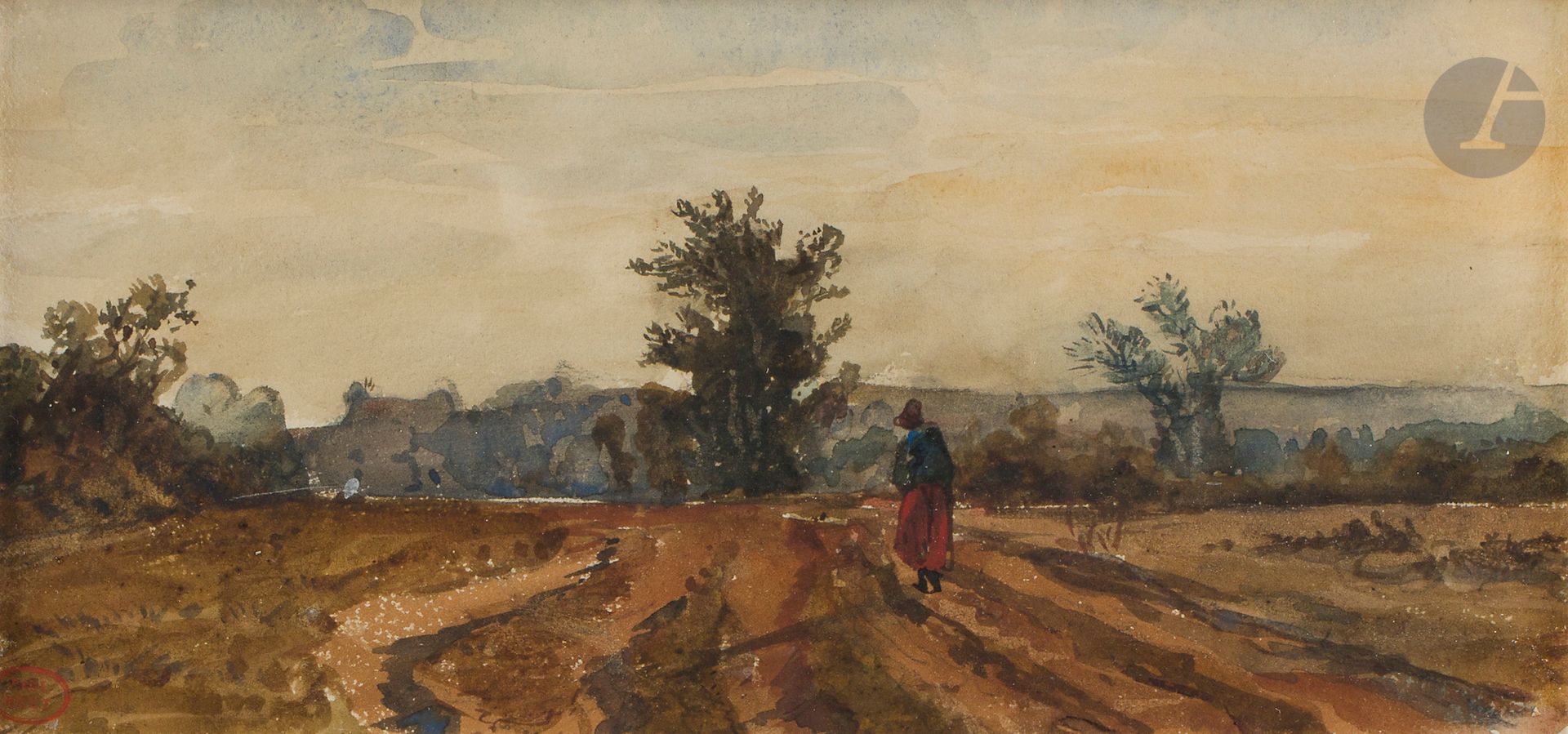 Paul HUET (Paris 1803-1869)
Paysanne dans un champ
Aquarelle.
Cachet de l'atelier en bas à gauche.
11,5 x 24 cm