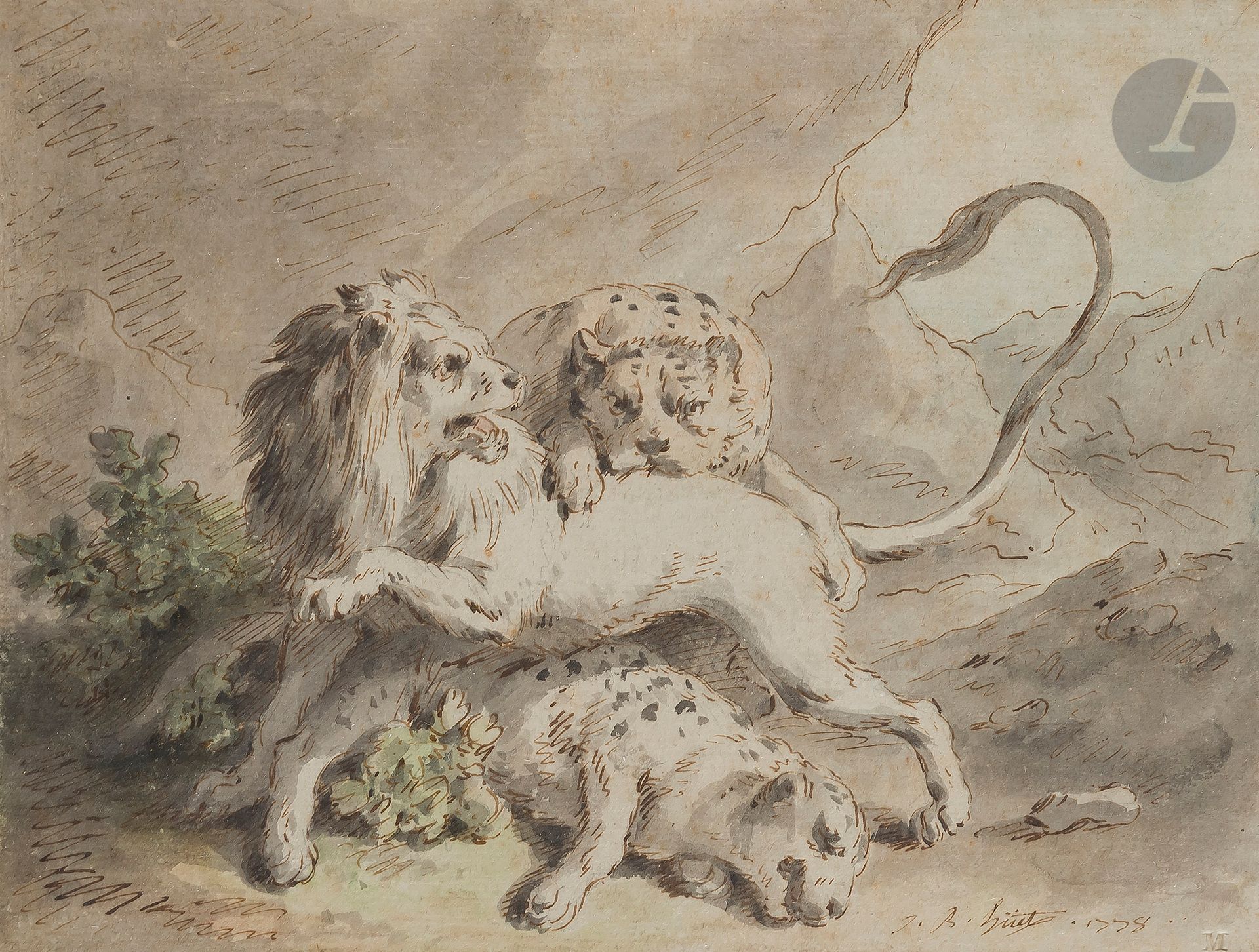Jean-Baptiste I HUET (Paris 1745-1811)
Lion attaqué par des félins, 1778
Plume, encre brune et aquarelle.
Signée et datée en bas à droite.
Cachet sec en bas à droite.
14,2 x 18,6 cm