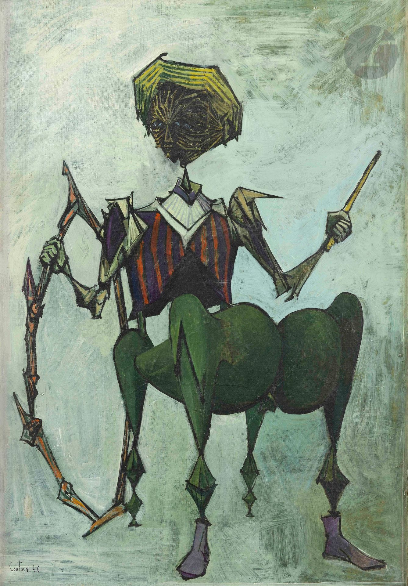 Lucien COUTAUD (1904-1977)
L’Enfant au cerceau, 1946
Huile sur toile.
Signée et datée en bas à gauche.
Titrée au dos.
(Petite restauration).
73 x 50 cm

Provenance : 
- Ancienne collection René Lust, Bruxelles.
- Collection particulière.

Expositions :
- Galerie Roux Hentschel, Paris, 1946.
- Musée d’Art Moderne, Kamakura, 1953.
- Bridge Stone Gallery, 1953.
- Rétrospective, Drouot Montaigne, Paris, 1989.

Bibliographie : 
- Lucien Coutaud et la peinture, Nîmes, Un plus éditions, 2004.
- Association Lucien Coutaud, Catalogue raisonné de l’œuvre de Lucien Coutaud, ALC éditions, 2020.

« L’enfant au cerceau, avec son regard fixe, comme s’il posait devant l’objectif d’un photographe, est présent sur plusieurs toiles. Cet enfant, une chaise transformée en enfant, si ce n’est l’inverse, à l’instar de la porteuse de pain, a certainement un secret, mais Coutaud ne nous le dévoile pas. Ce n’est que bien plus tard que l’on retrouvera les deux photographies de lui, à l’âge de trois ans, sur lesquelles on le voit poser dans la même attitude, avec un cerceau et un bâton ». Jean Binder, Lucien Coutaud. L’envers du surréalisme, ALC, 2018.

Nous remercions Monsieur Jean Binder pour les informations qu’il nous a transmises.