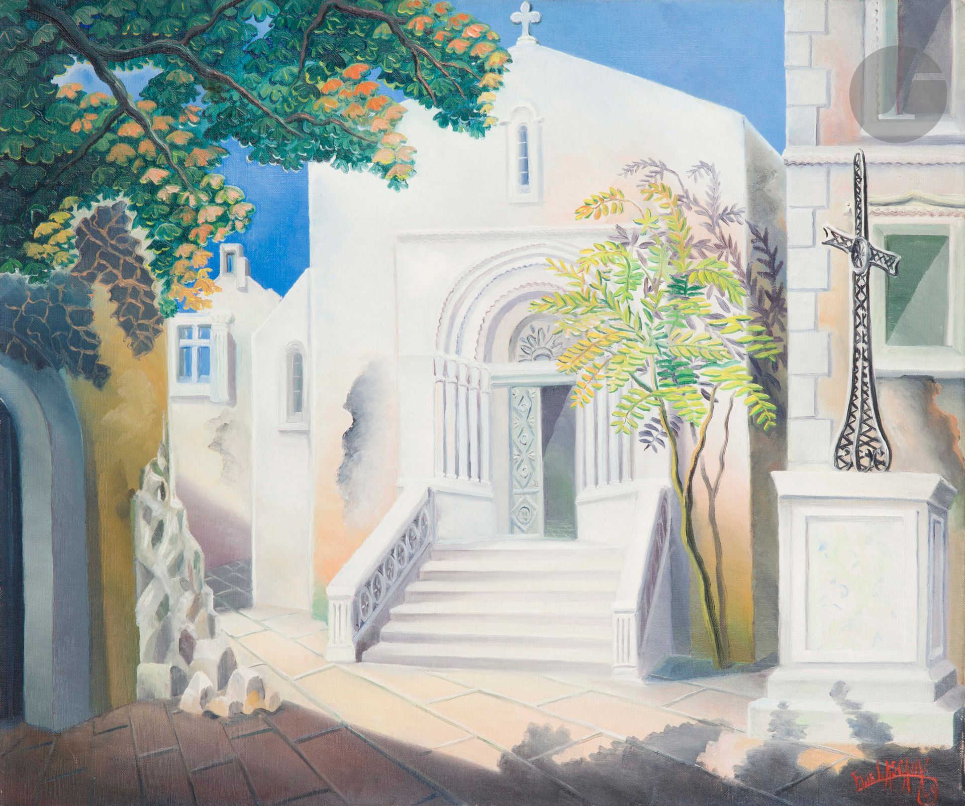 Élie LASCAUX (1888-1969)
Saint-Vincent des Baux, 1949
Huile sur toile.
Signée et datée en bas à droite.
Signée, datée et située au dos.
46 x 55 cm

Provenance : 
Galerie Louise Leiris, Paris, n°  13498 (étiquette au dos sur le châssis).