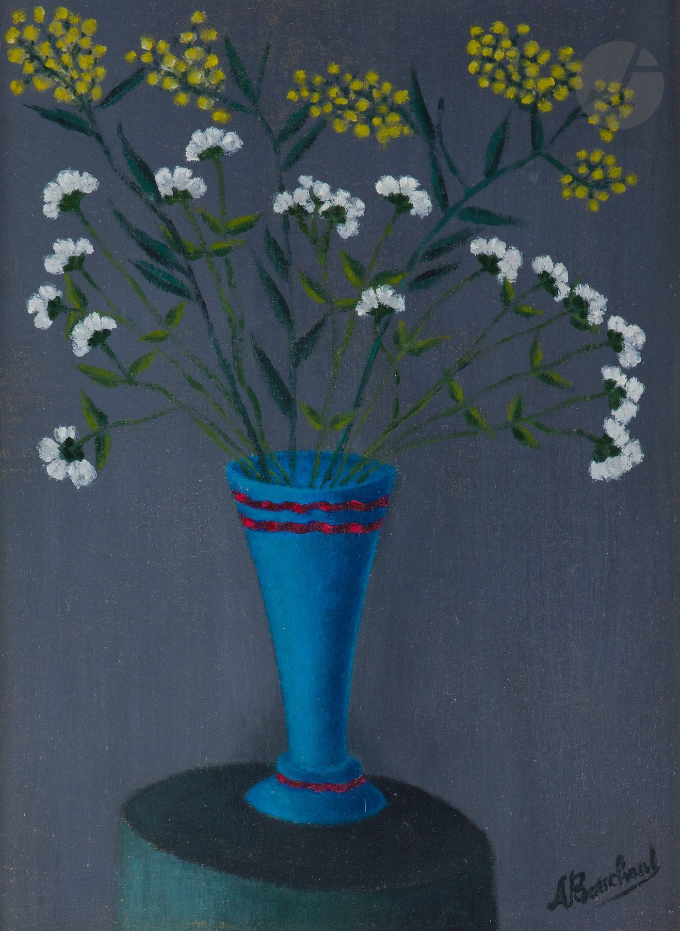 André BAUCHANT (1873-1958)
Vase of mimosas on a grey background
Oil on canvas.
Signed lower right.
54 x 40,5 cm

Bibliography :
Pierre Cabane, Alain Troadec, Bertrand Lorquin, André Bauchant: Catalog Raisonné, Paris, Dina Vierny, 2005, reproduced p. 571, n° ND-094.

A certificate from Madame Dina Vierny, dated July 29, 1992, will be given to the buyer.