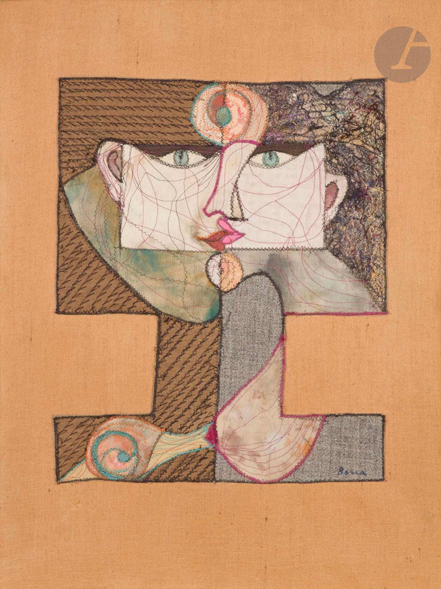 Bona de MANDIARGUES dite BONA
(1926-2000)
La Clé des sols, 1974
Tissus cousus sur toile.
Signé en bas à droite.
Signé et titré au dos sur le châssis.
61 x 46 cm

Provenance : 
- Galerie de Seine, Paris.
- Galerie Thessa Herold, Paris. 

Expositions : 
- Bona, colimaçonneries, Galerie de Seine, Paris, 1974, reproduit sur la couverture du catalogue.
- Bona, Panorama de 25 ans d’imagination et de création, Galerie de Seine, Paris, 1976, reproduit sur la couverture du catalogue.