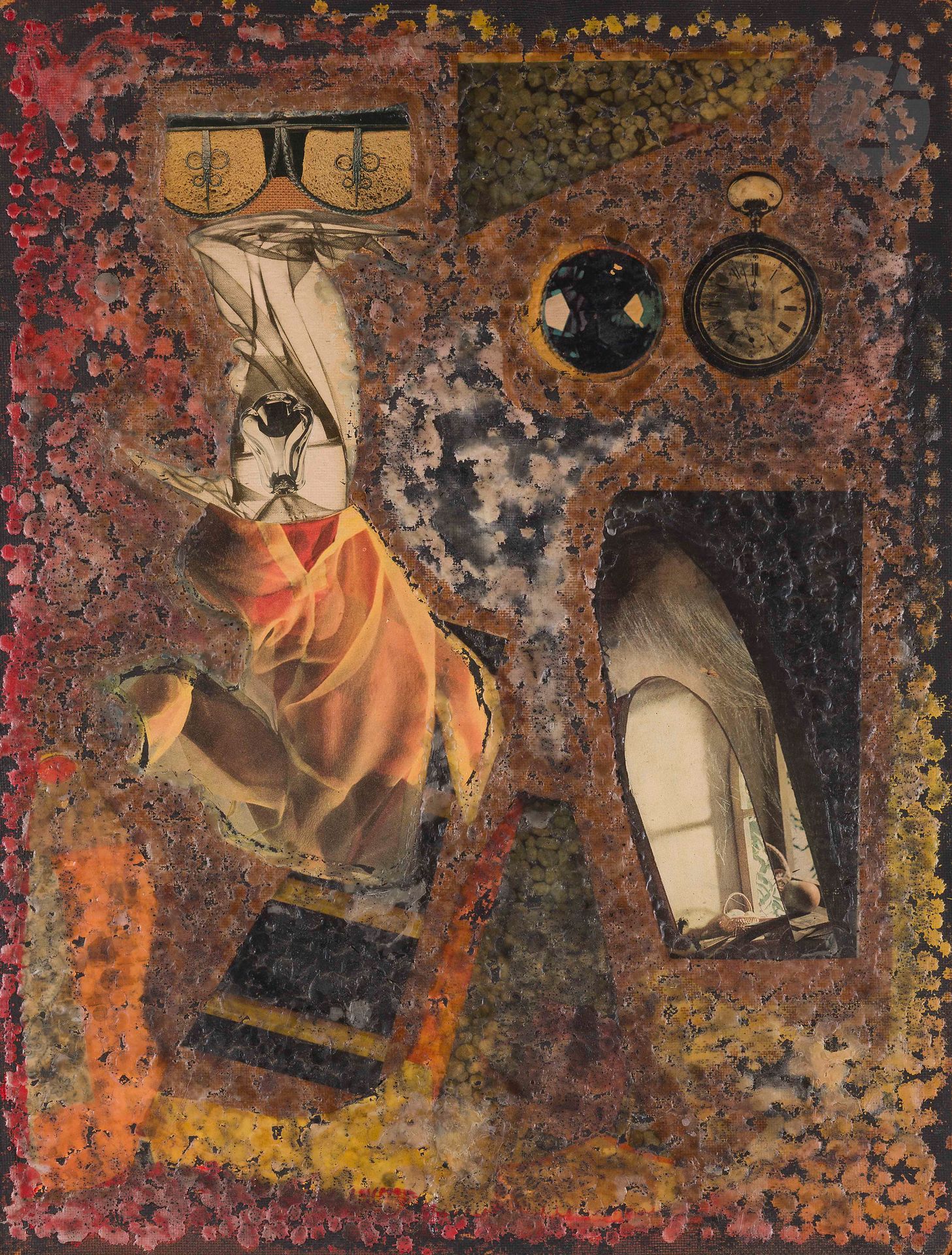 Claude TARNAUD (1922-1991)
Il est midi moins 3 au fond du passage ogival, 1962
Technique mixte et collage sur isorel.
Monogrammée, datée et titrée au dos.
69 x 51 cm

Provenance : 
- Collection Claude Oterelo, Paris.
- Galerie Thessa Herold, Paris. 

Exposition :  
El Poeta como artista, Centro Atlàntico de Arte Moderno, Las Palmas de Gran Canaria, 1995, reproduit au catalogue p. 213. 

Bibliographie : 
Georges Sebbag, Memorabilia - Dada & Surréalisme 1916/ 1970, Paris, Éditions Cercle d’Art, 2010, reproduit p. 304.