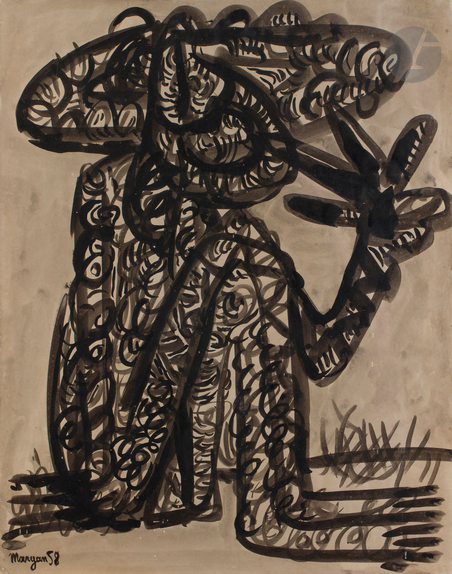 Pinchas Burstein dit Mary MARYAN
(1927-1977)
Personnage assis, 1958
Encre et lavis d’encre.
Signée et datée en bas à gauche.
55 x 44 cm