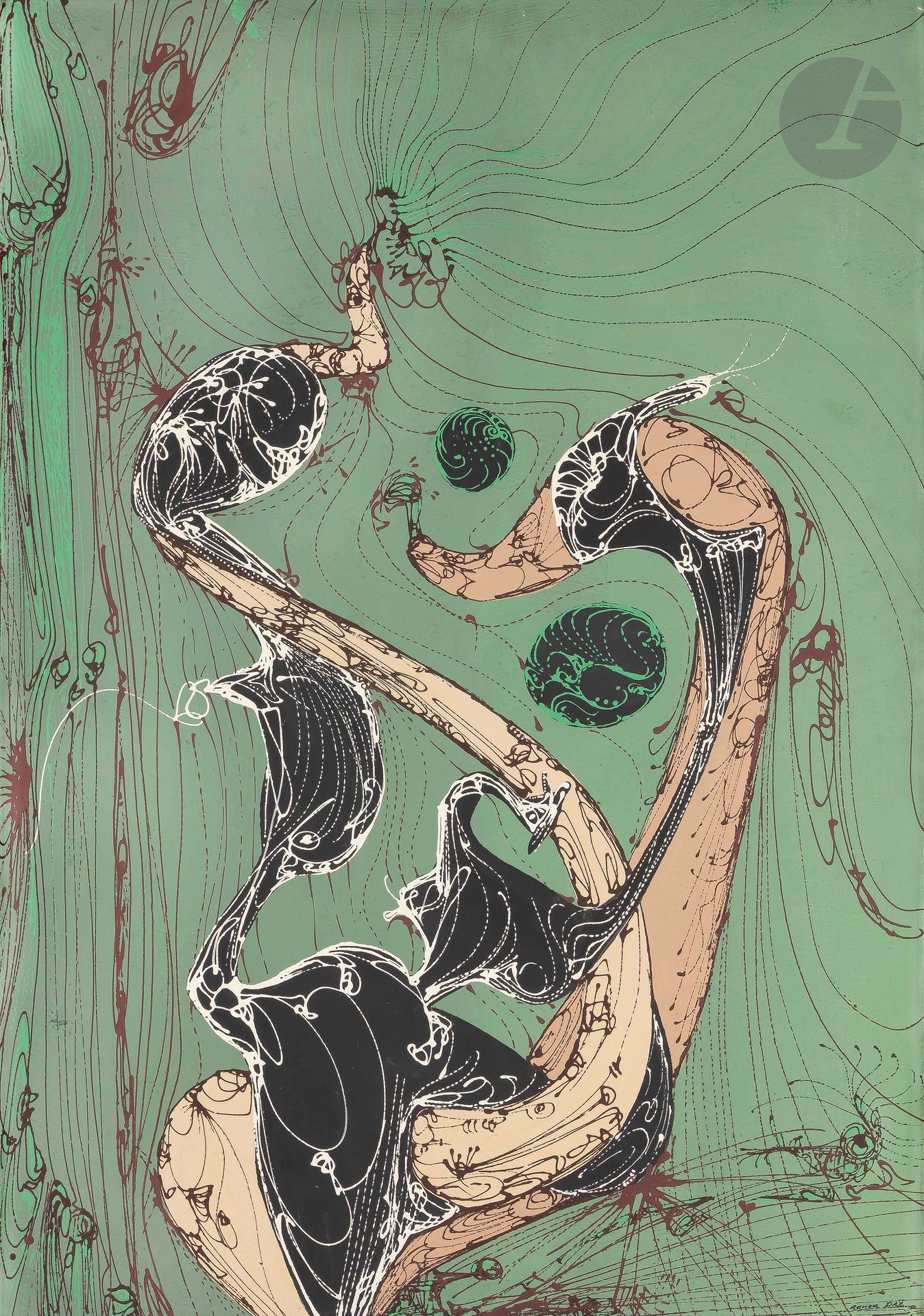 Adrien DAX (1913-1979)
At the Nautilus Feast, 1963
Oil on isorel.
Signed lower right.
Signed, dated and titled on the back.
91 x 64 cm

Provenance : 
- José Pierre Collection, Paris.
- Galerie Thessa Herold, Paris. 

Exhibitions : 
- Surrealism, Moderna Museet, then Göteborgs Konsthall, then Sundsvalls Museum, then Malmö Museum, Sweden, no. 18, reproduced in the catalog p. 33 (label on back).
- L'Aventure Surréaliste autour d'André Breton, Galerie Artcurial, Paris, 1986, n° 77, reproduced in the catalog p. 148. 

Bibliography: 
- André Breton, Le Surréalisme et la Peinture, Paris, Éditions Gallimard, 1965, reproduced (horizontally) p. 381.
- José Pierre, Le Surréalisme, Lausanne, Éditions Rencontre, 1967, reproduced p. 79.
- André Breton, Œuvres complètes volume IV, Bibliothèque de La Pléiade, Paris, Éditions Gallimard, 2008, reproduced p. 809.