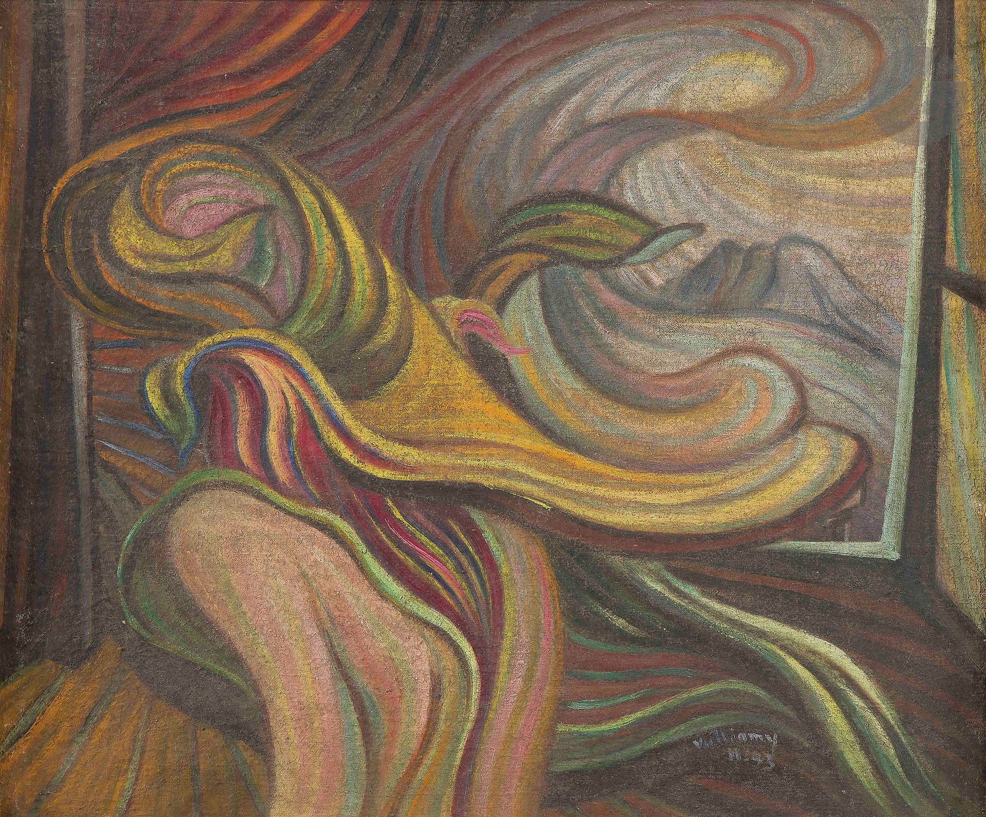 Gérard VULLIAMY (1909-2005)
Femme surréaliste, 1943
Huile sur toile.
Signée et datée en bas à droite.
46 x 55 cm