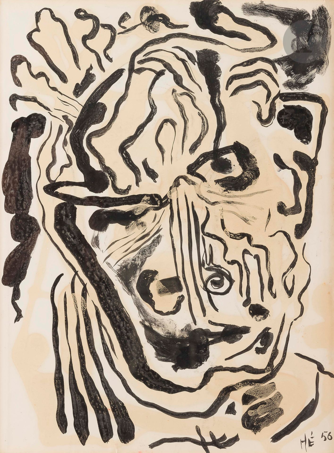 Henri REN (né en 1930)
Autoportrait, 1956
Encre et aquarelle.
Monogrammée et datée en bas à droite.
39 x 29 cm

Provenance : 
Galerie Carole Brimaud, Paris (étiquette au dos sur le montage).
