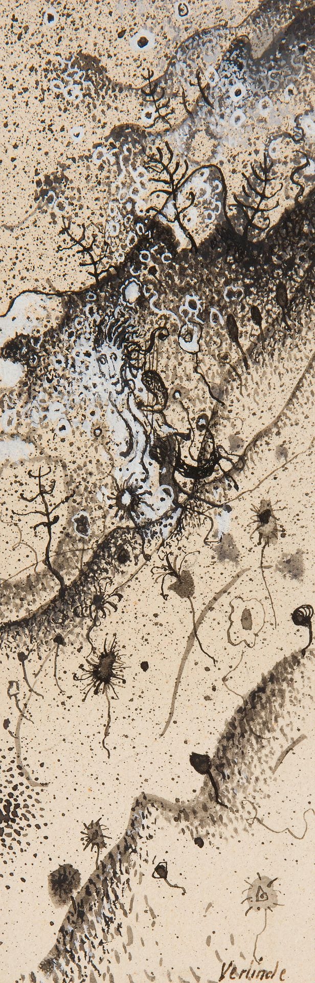 Claude VERLINDE (1927-2020)
Man in a landscape
Ink and gouache.
Signed lower right.
18 x 6,5 cm

Drawing for the 1962 edition of Mary Webb's book "The Fox", Club des Amis du Livre.